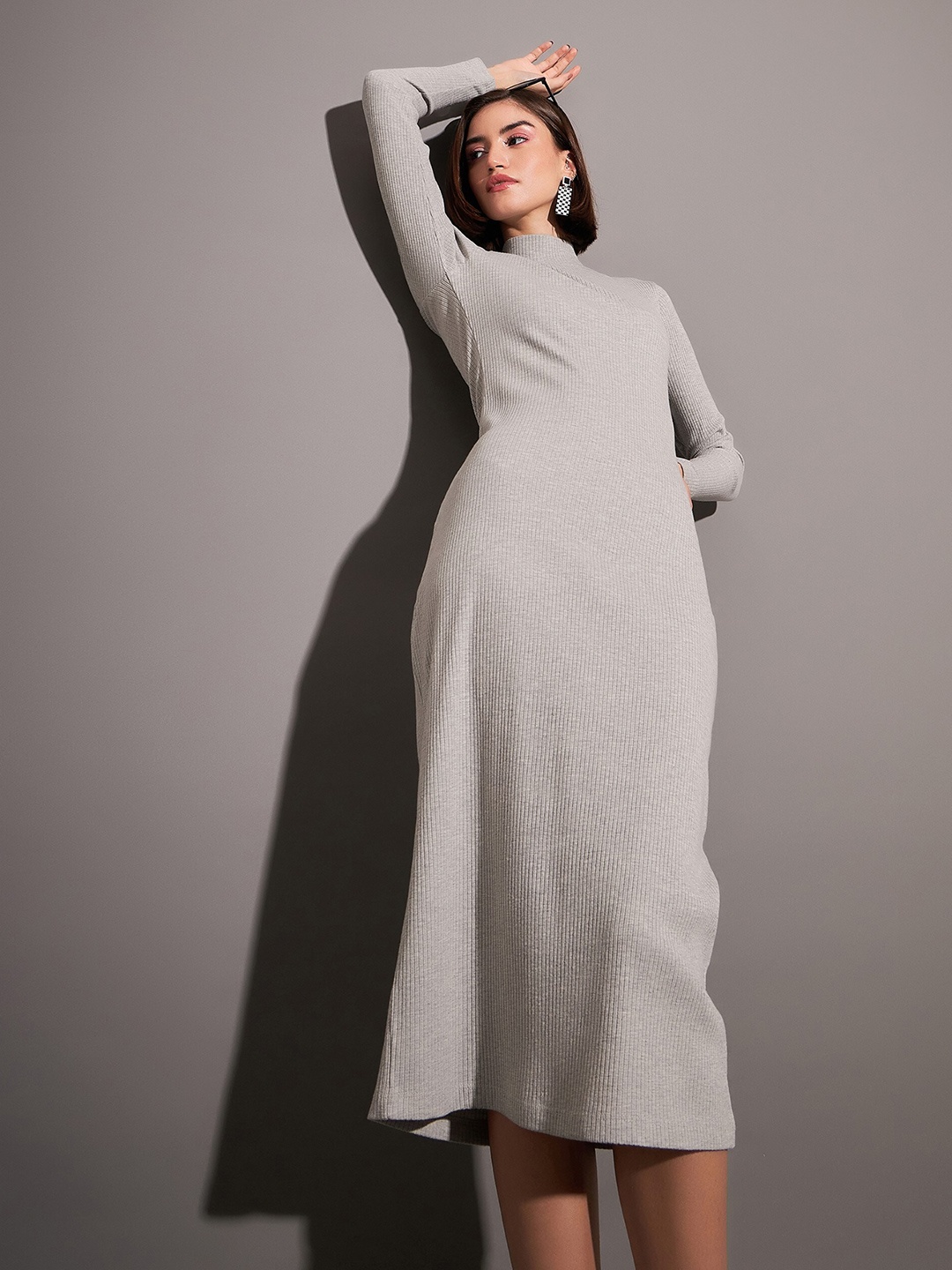 

SASSAFRAS Grey Mock Neck A-Line Midi Dress