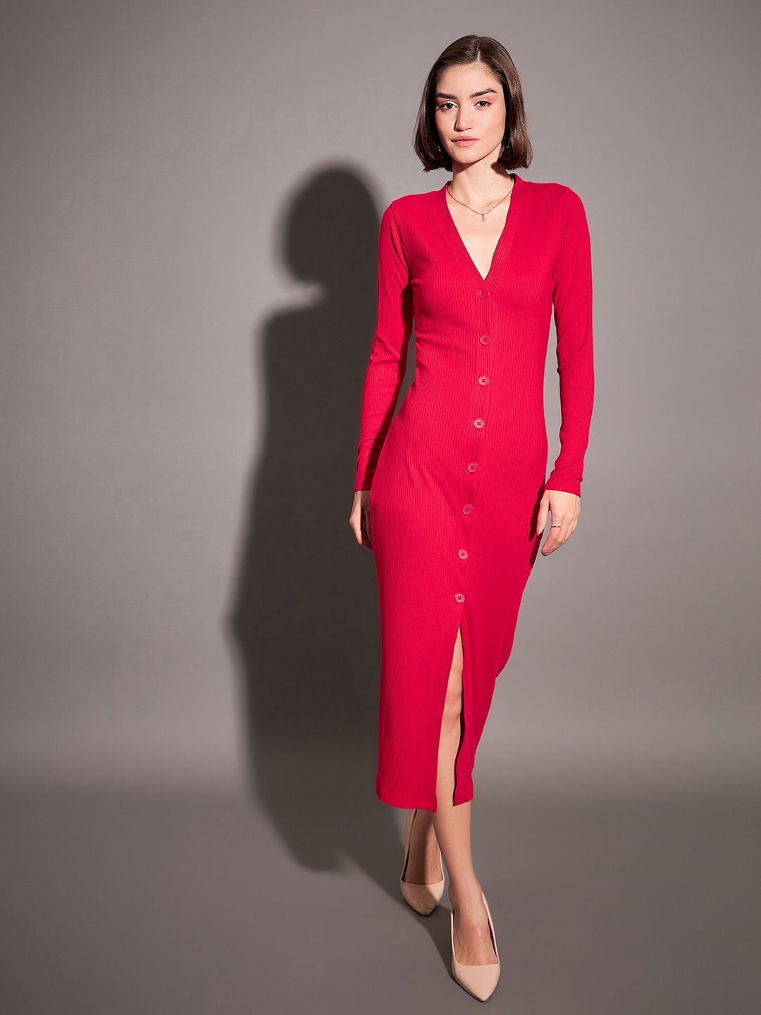 

SASSAFRAS Pink V-Neck Ribbed Sheath Midi Dress
