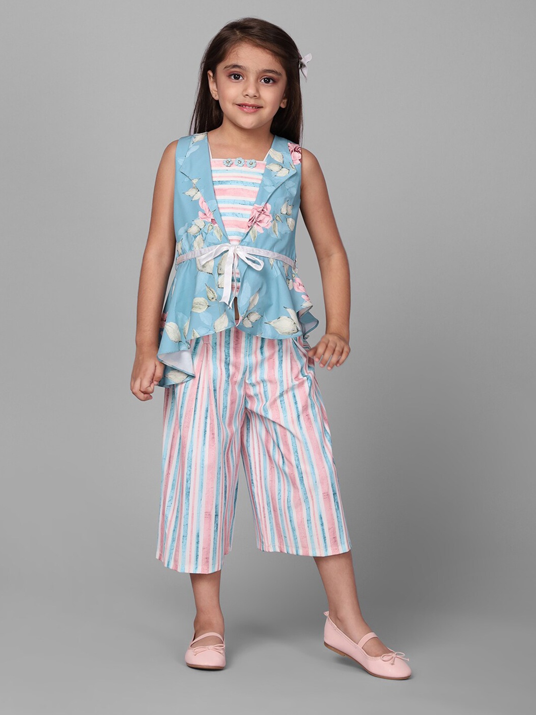 

Macwin Girls Striped Sleeveless Crop Top & Palazzo With Waistcoat, Blue