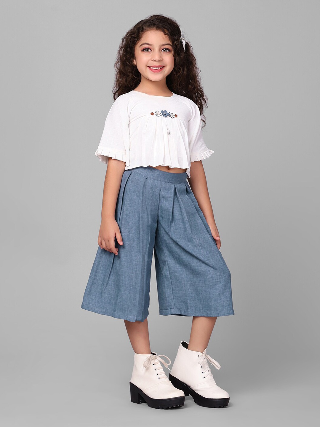 

Macwin Girls Striped Short Sleeves Crop Top With Palazzo, White