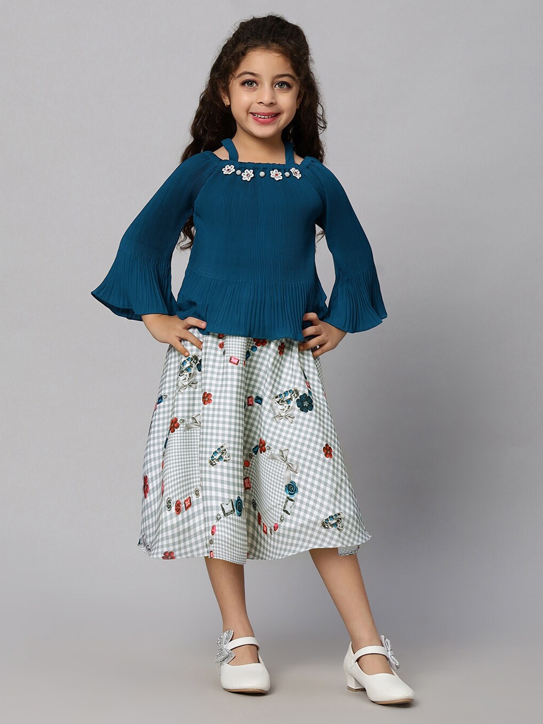 

Macwin Girls Self Design Bell Sleeves Top With Printed Skirt, Blue