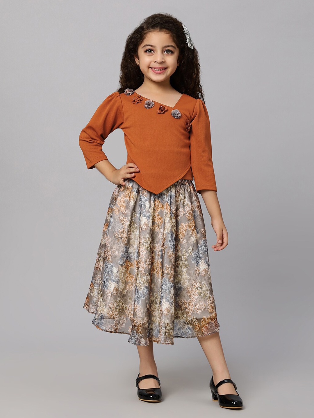 

Macwin Girls V-Neck Top With Printed Skirt, Brown