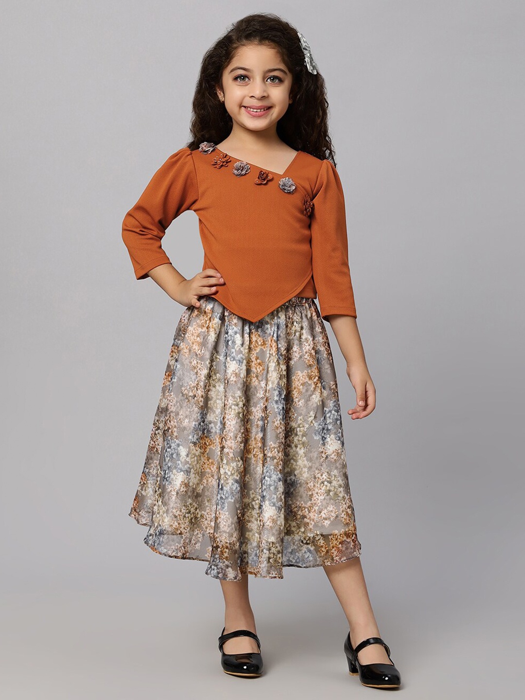 

Macwin Girls Asymmetric Top and Floral Printed Midi Skirt, Brown