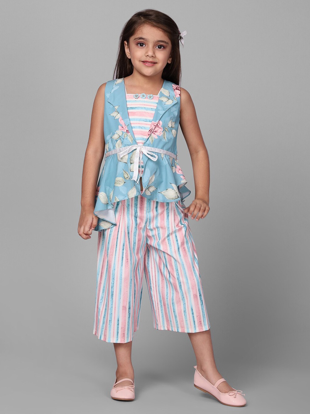 

Macwin Girls Striped Shoulder Straps Top With Trouser & Waistcoat, Off white