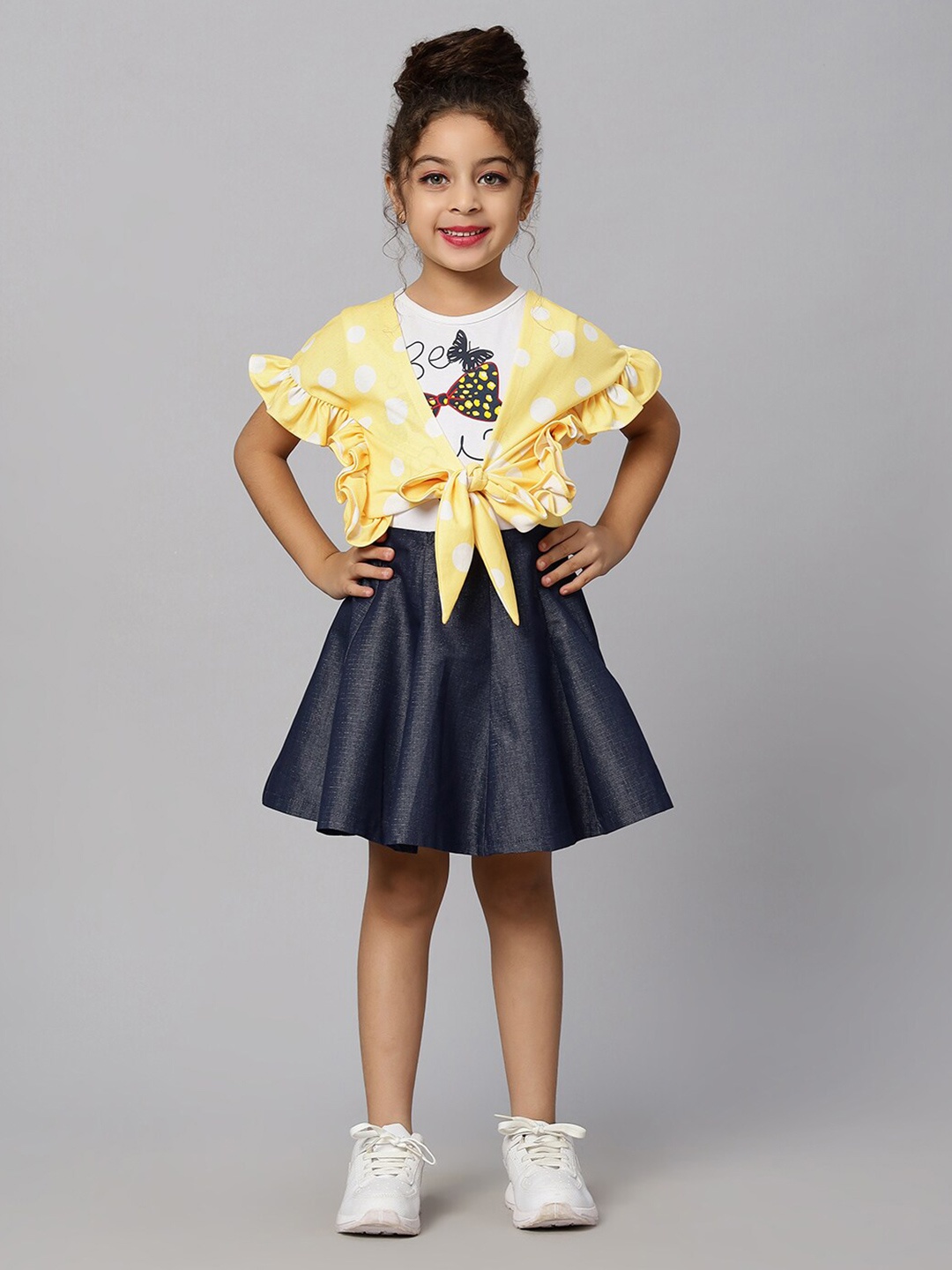 

Macwin Girls Polka Dots Printed Tie Up Top & Skirt, Yellow