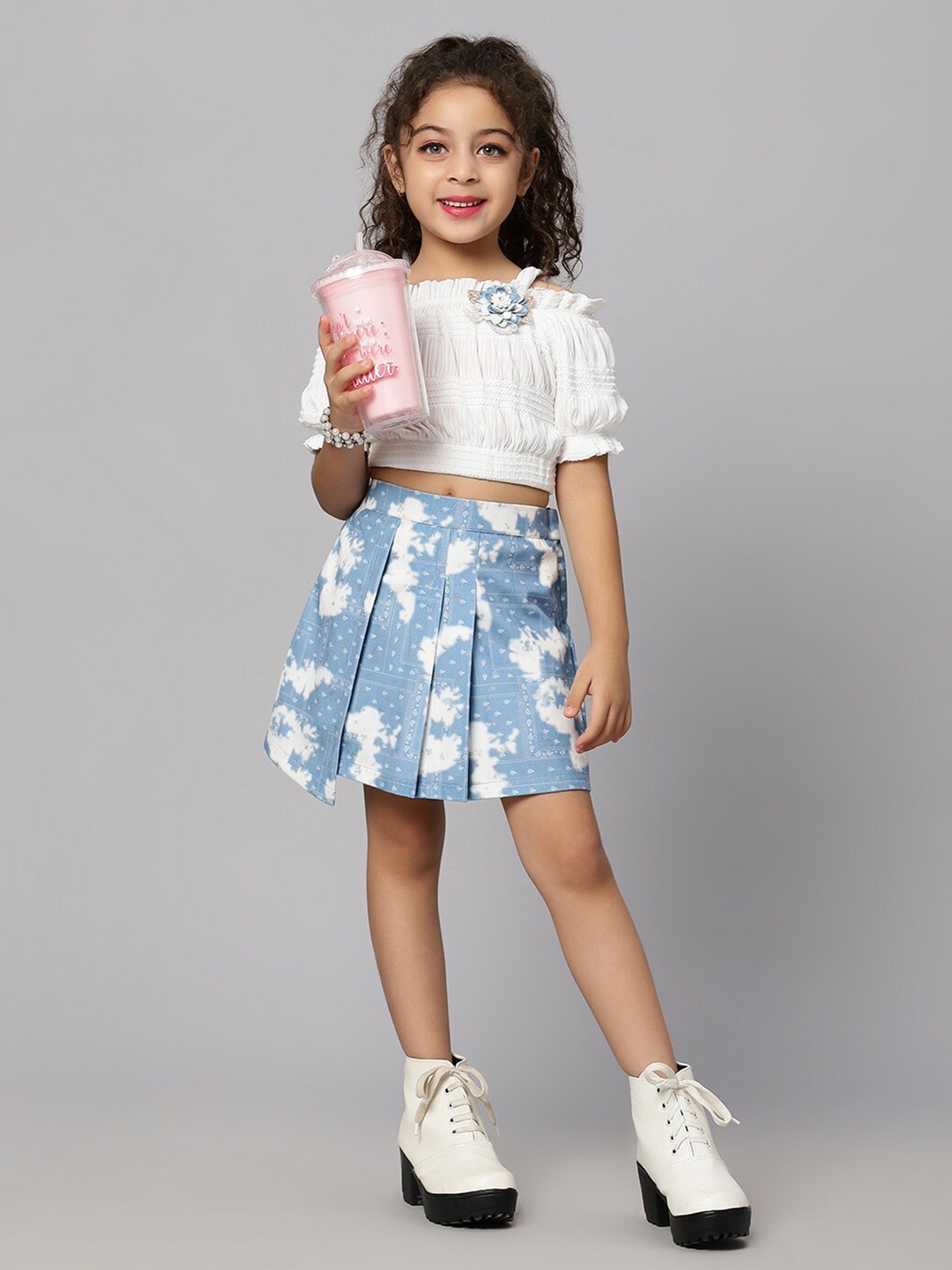 

Macwin Girls Off Shoulder Top & Printed Skirt, White