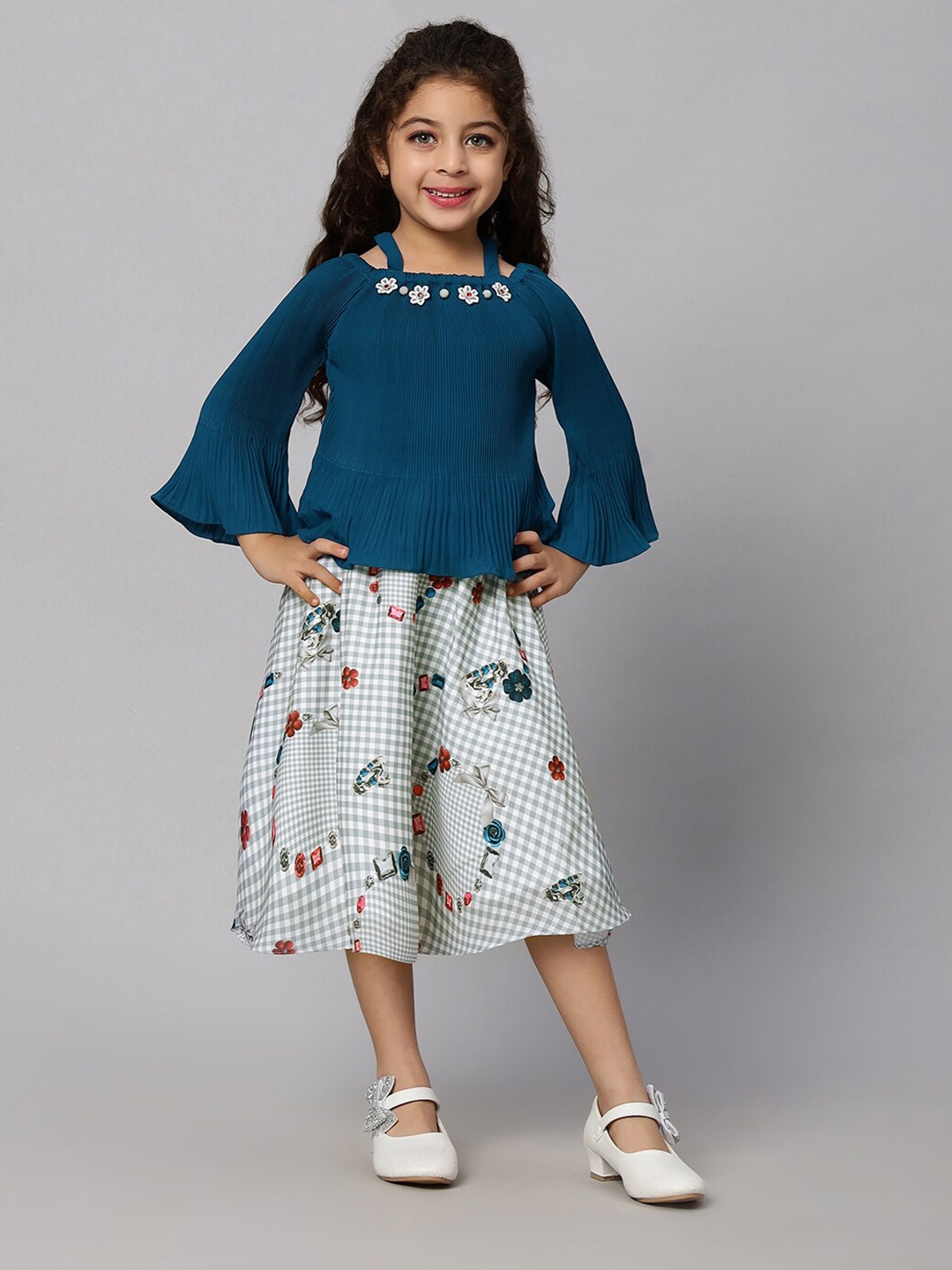 

Macwin Girls Shoulder Straps Bell Sleeves Top & Skirt, Blue