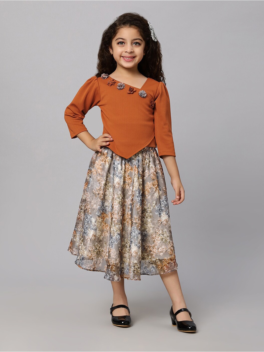 

Macwin Girls Asymmetric Top and Floral Printed Midi Skirt, Brown