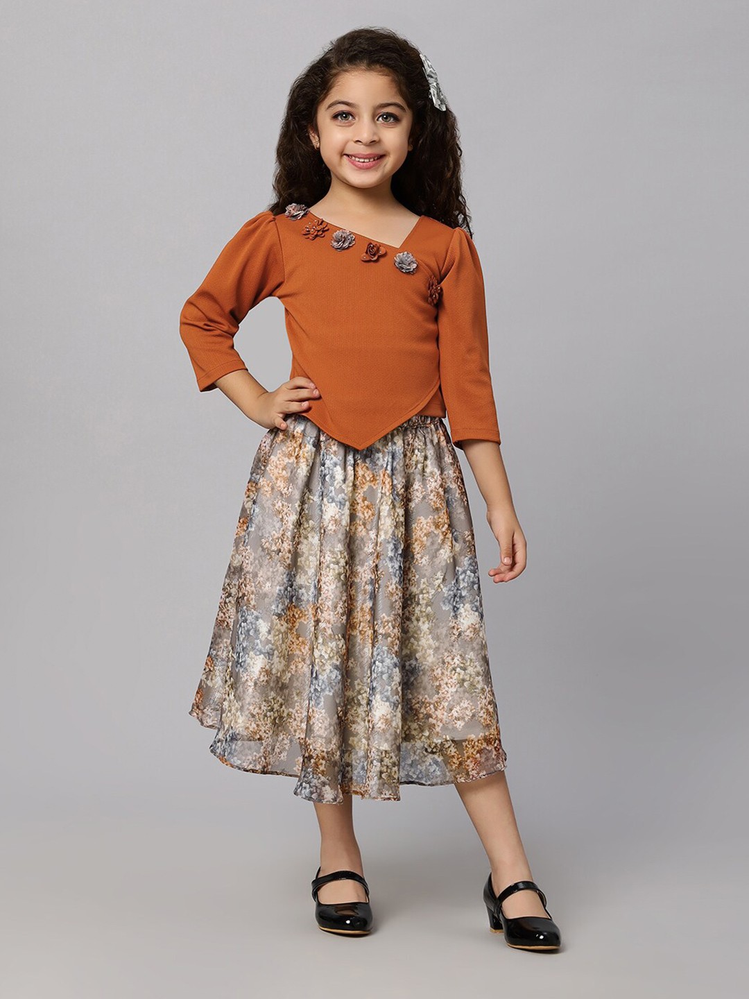 

Macwin Girls V-Neck Floral Detailed Asymmetric Top With Floral Printed Skirt, Brown