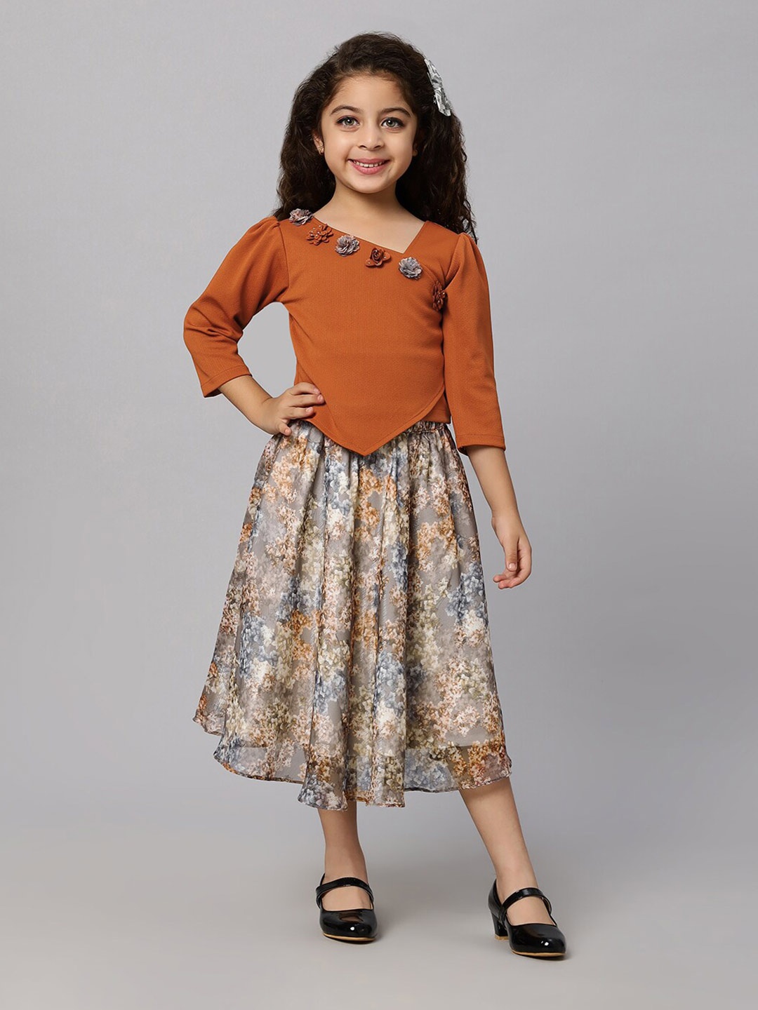 

Macwin Girls Asymmetric Top and Floral Printed Midi Skirt, Brown
