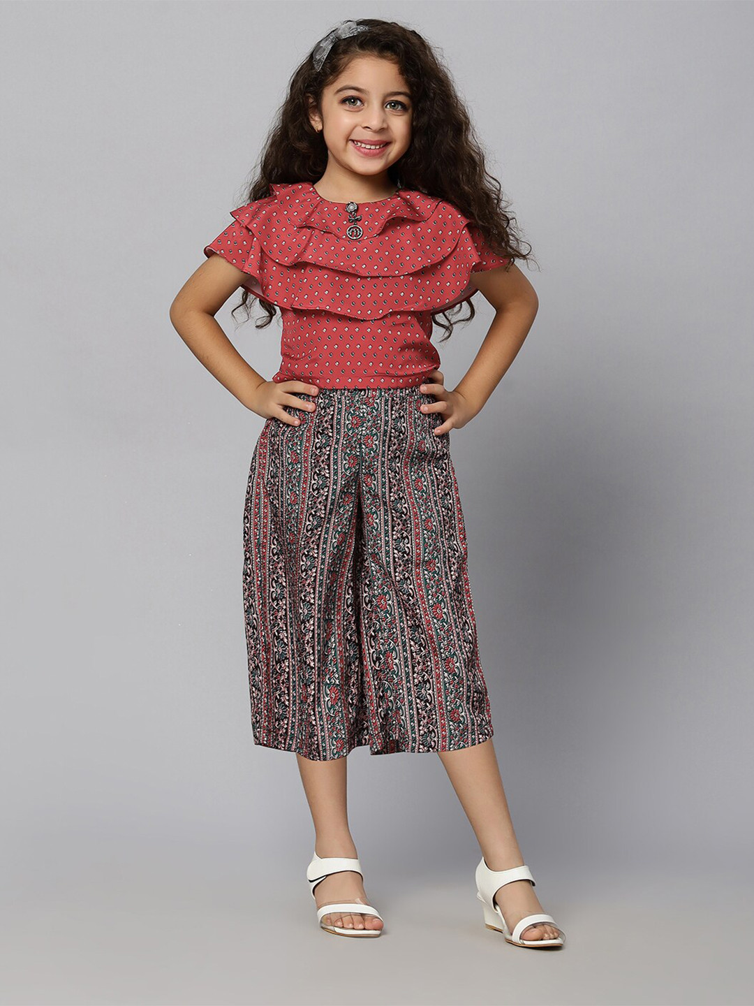 

Macwin Girls Floral Printed Cape Sleeves Top & Trousers, Maroon