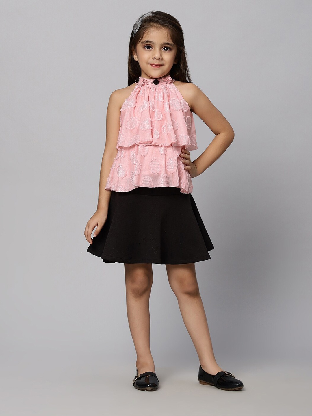 

Macwin Girls Self Design Halter Neck Top & Skirt, Pink