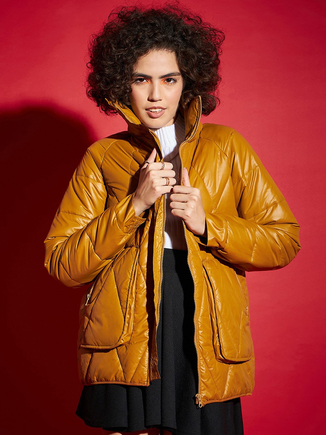 

SASSAFRAS Mustard Mock Collar Quilted Jacket