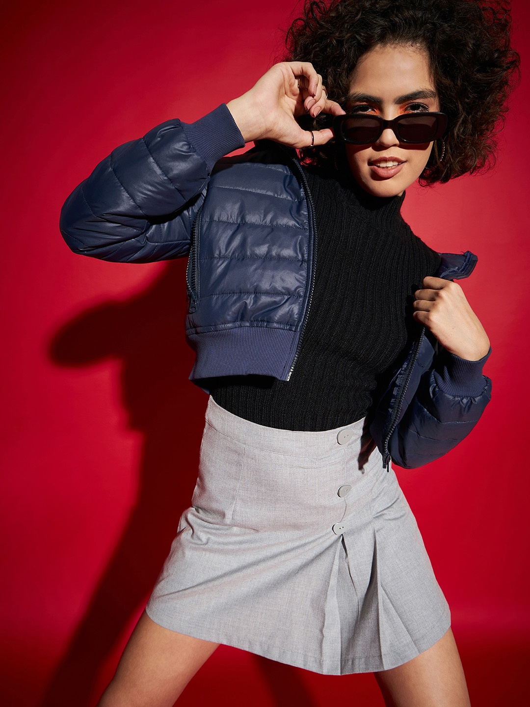 

SASSAFRAS Navy Blue Hooded Cropped Bomber Jacket