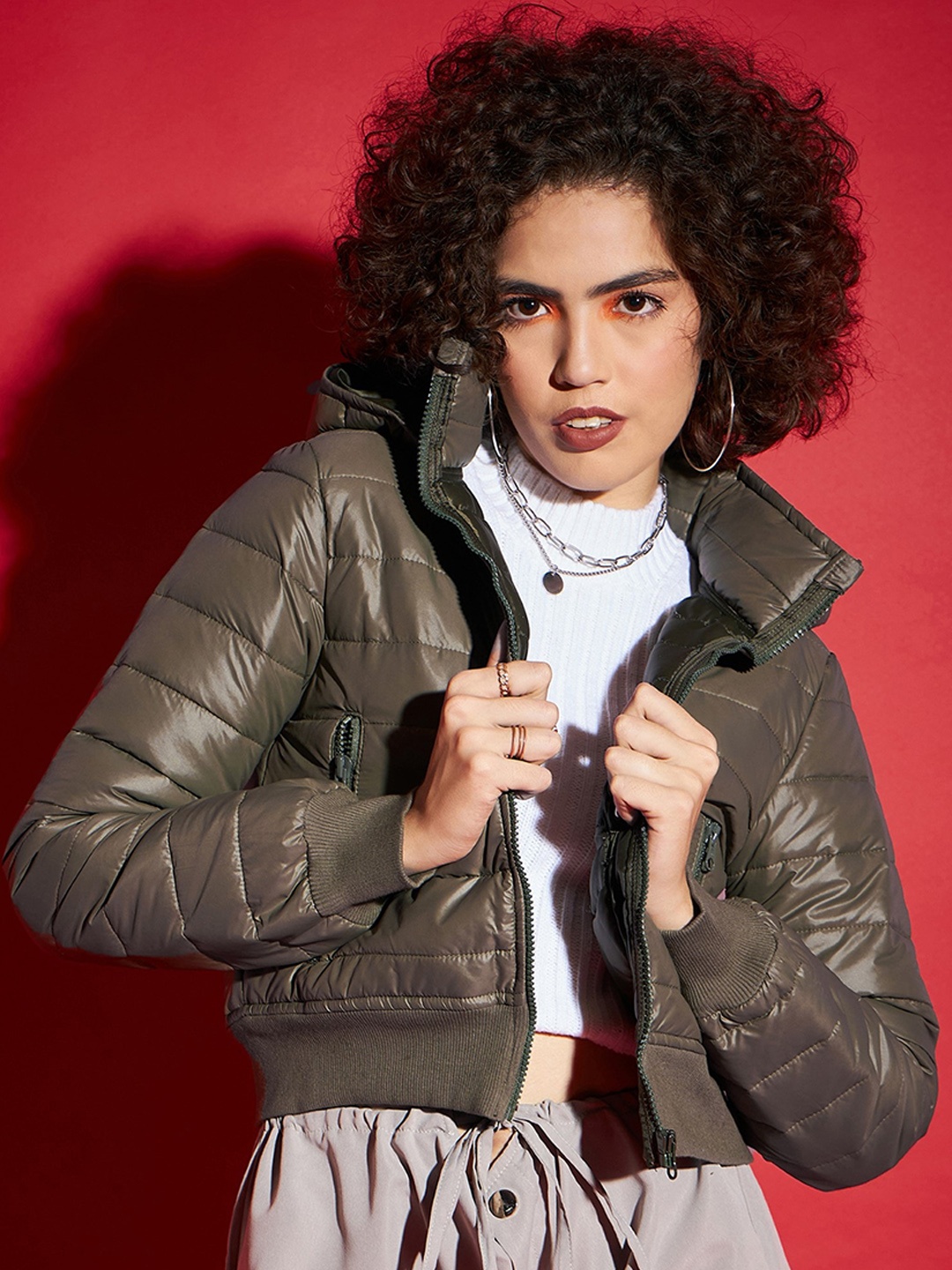 

SASSAFRAS Olive Green Hooded Cropped Puffer Jacket