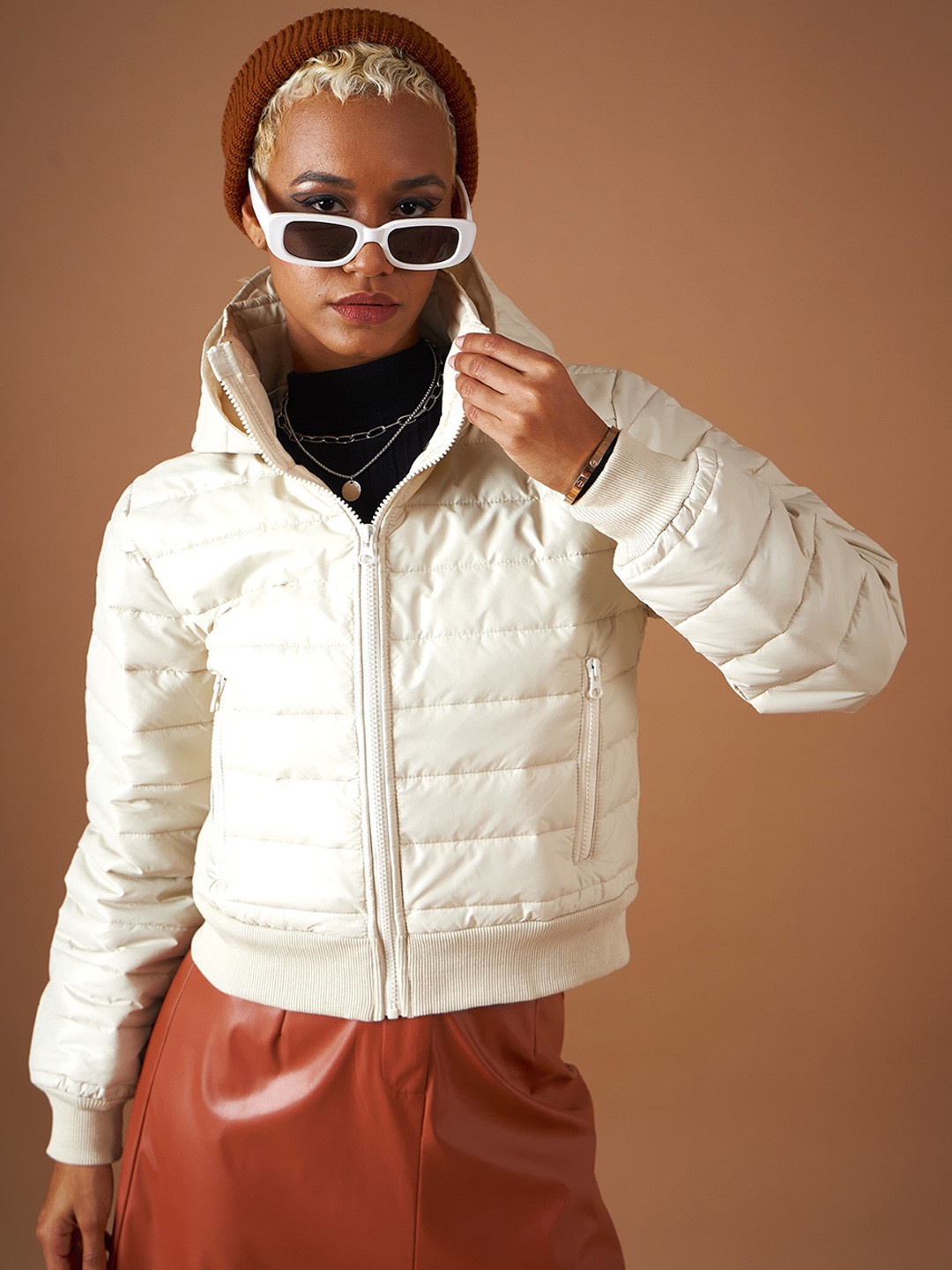 

SASSAFRAS Hooded Crop Puffer Jacket, Beige