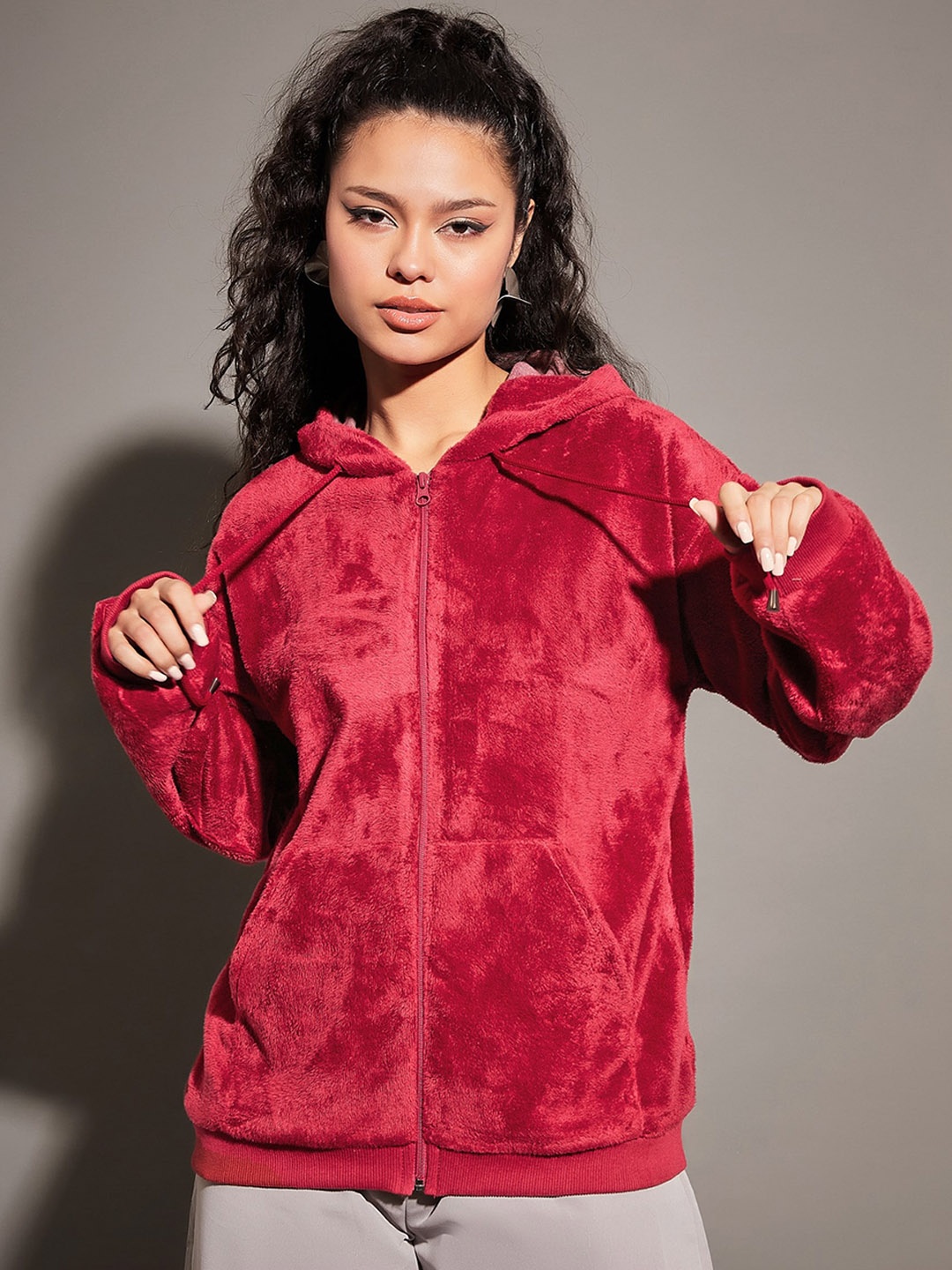 

SASSAFRAS Maroon Hooded Faux Fur Bomber Jacket