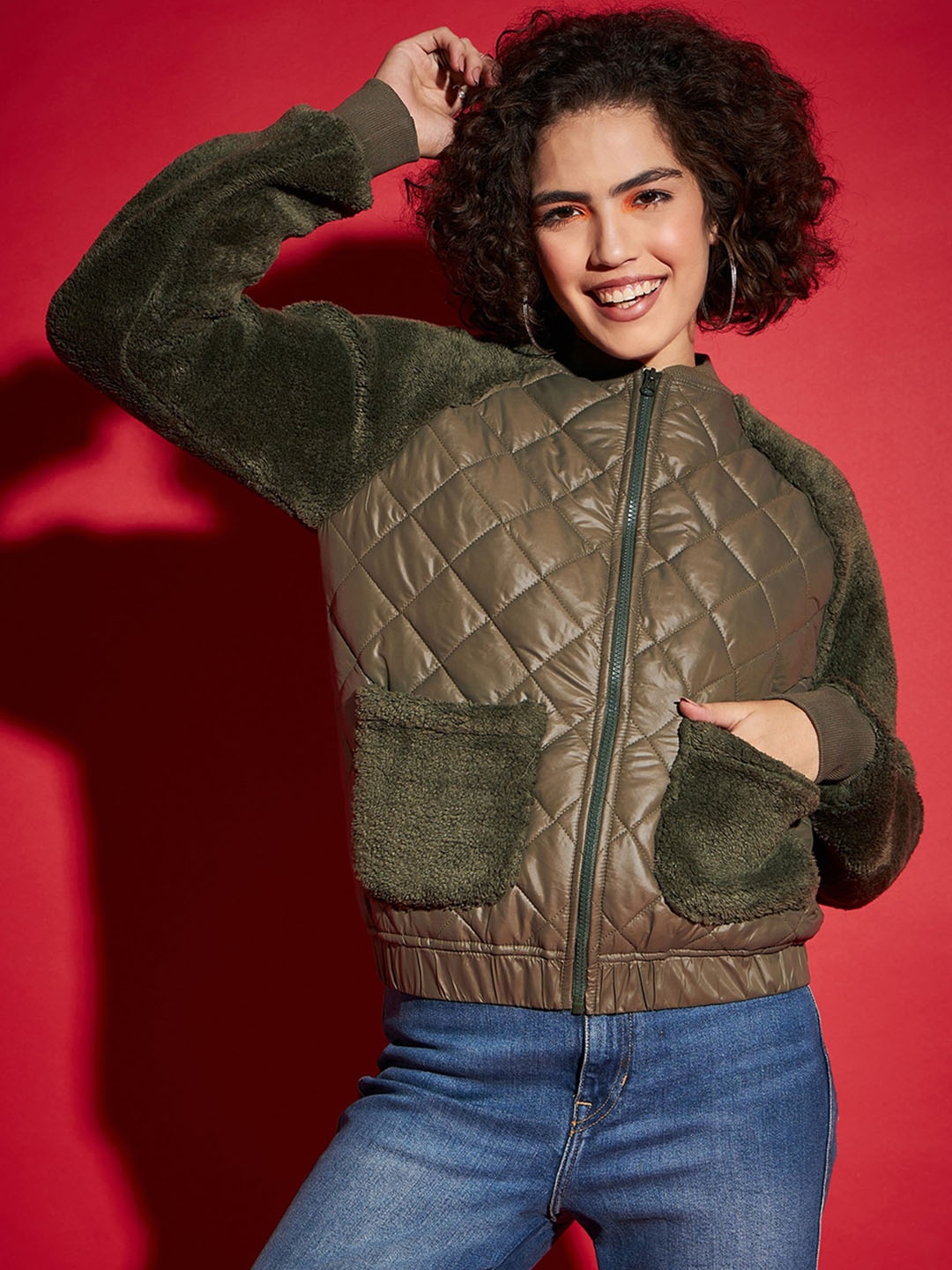 

SASSAFRAS Olive Green Faux Fur Trim Detail Mock Collar Quilted Jacket, Brown