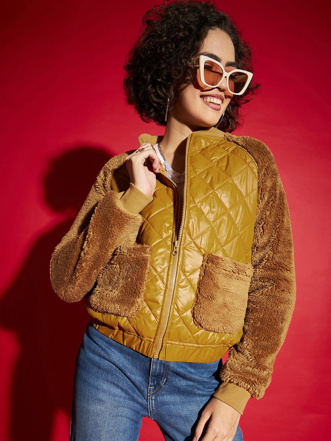 

SASSAFRAS Mandarin Collar Faux Fur Detail Crop Quilted Jacket, Mustard