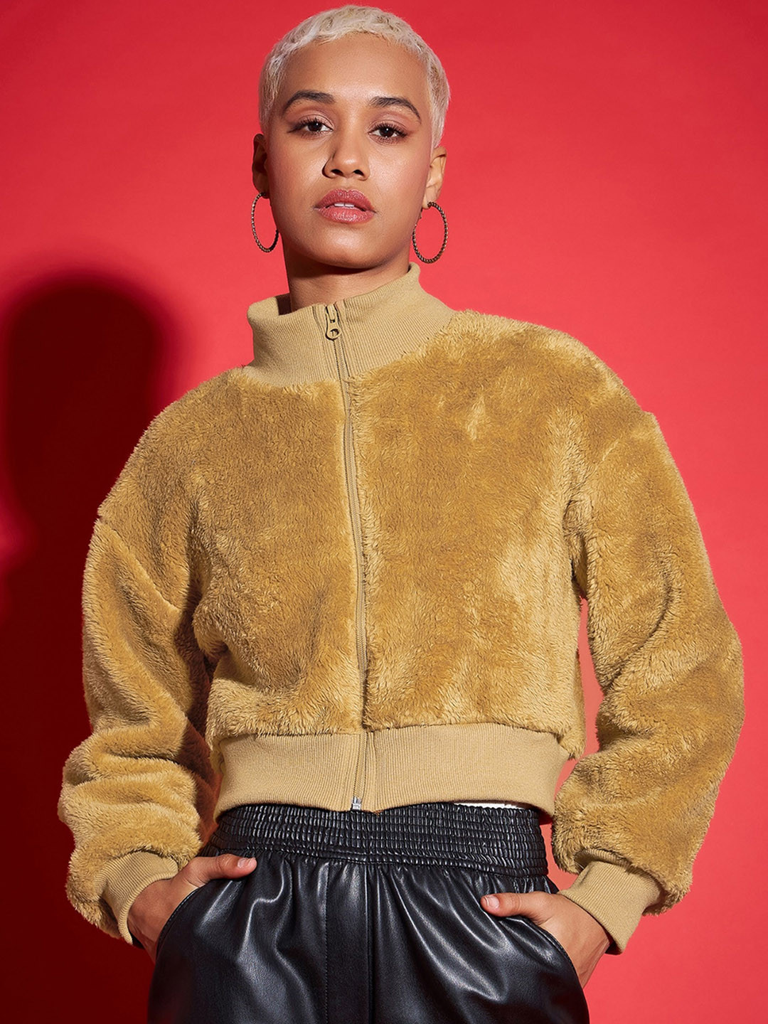 

SASSAFRAS High Neck Crop Bomber Jacket, Brown