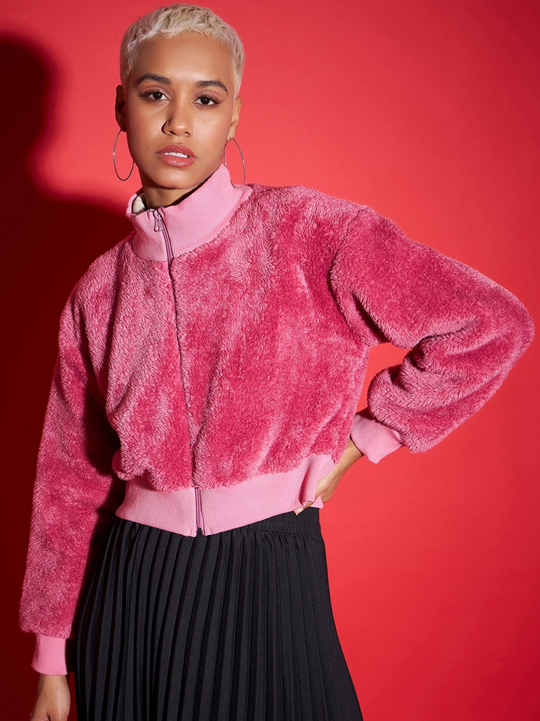 

SASSAFRAS Pink Mock Collar Faux Fur Trim Detail Cropped Bomber Jacket