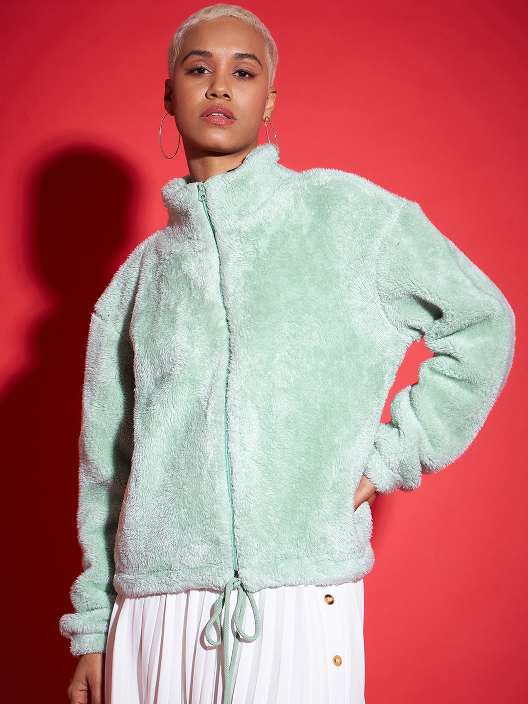 

SASSAFRAS Green Mock Collar Faux Fur Trim Detail Bomber Jacket