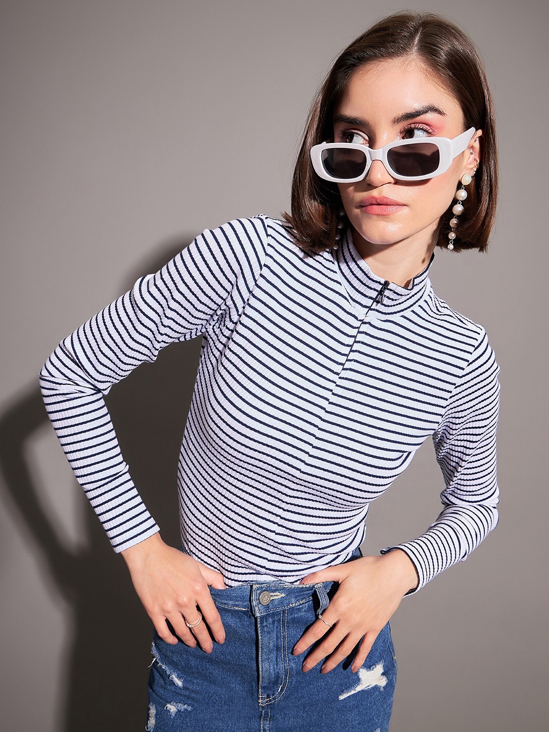 

SASSAFRAS Navy Blue Striped High Neck Fitted Top