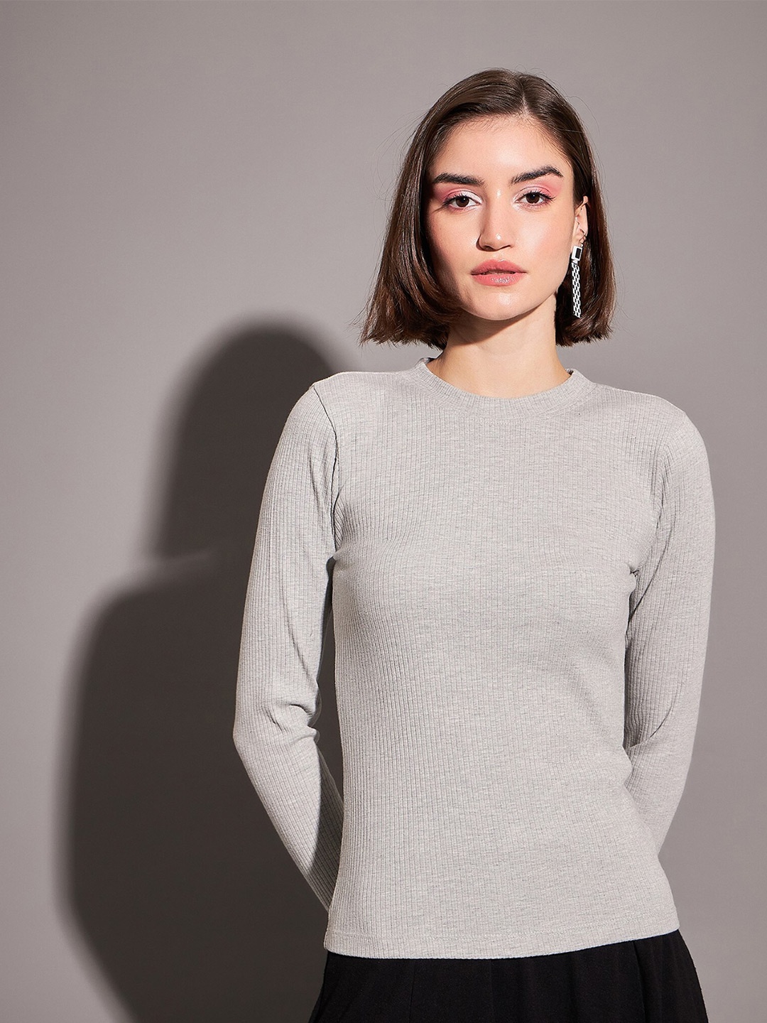 

SASSAFRAS Grey Long Sleeves High Neck Fitted Top