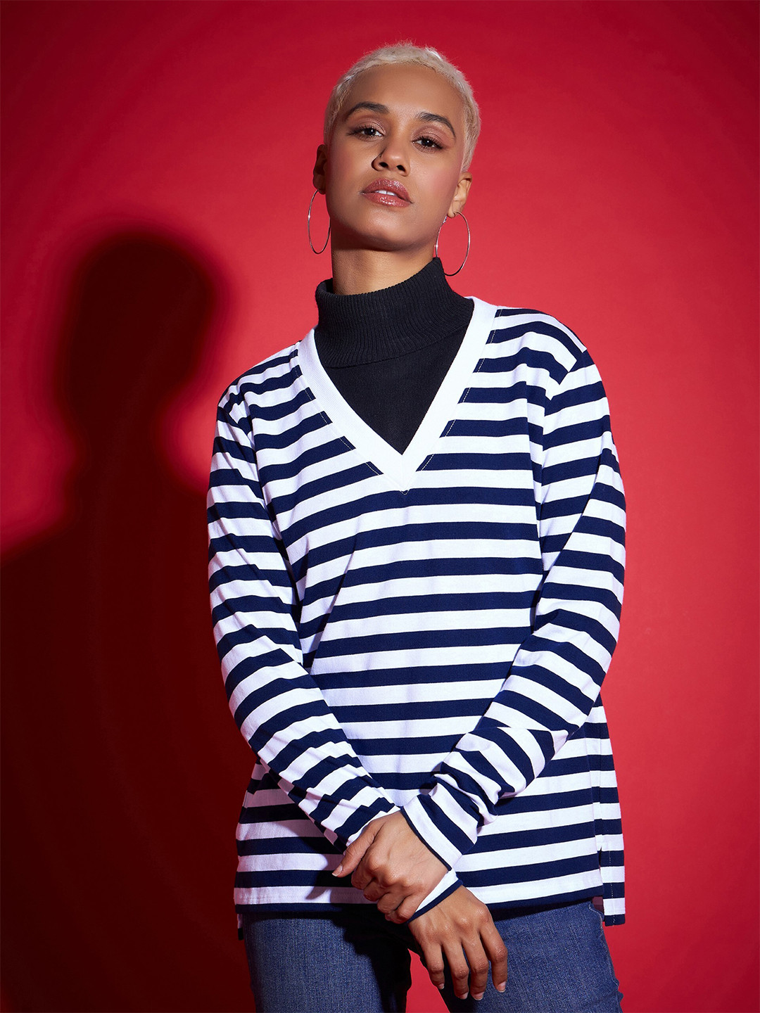 

SASSAFRAS Navy Blue Striped V-Neck Cotton Pullover