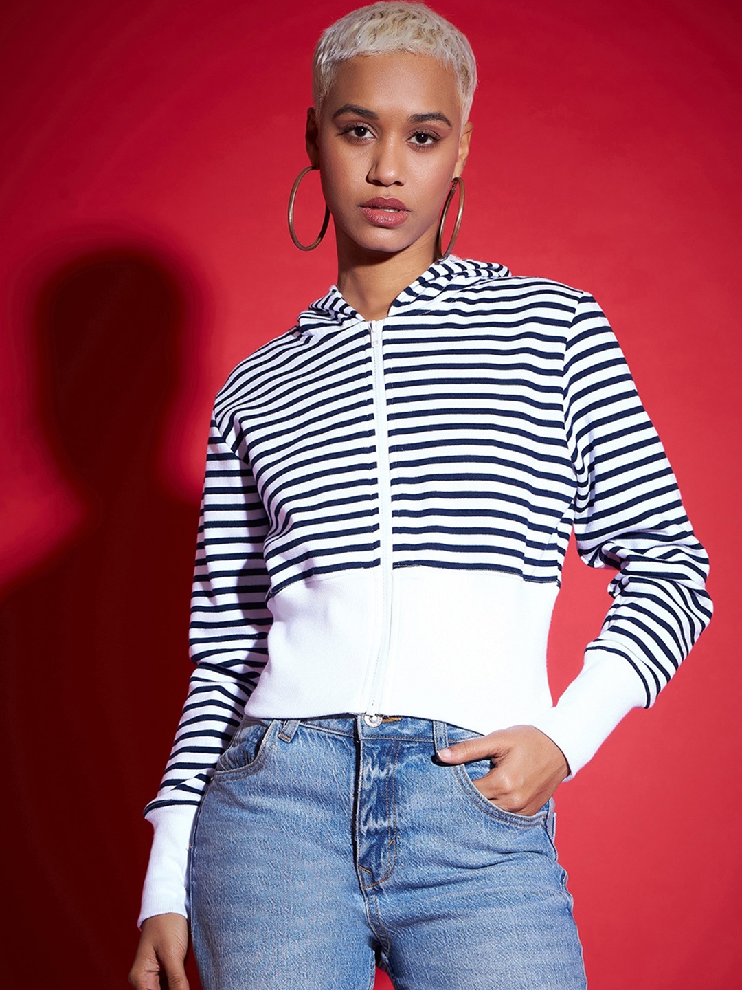 

SASSAFRAS Navy Blue Striped Cropped Fleece Front-Open Sweatshirt