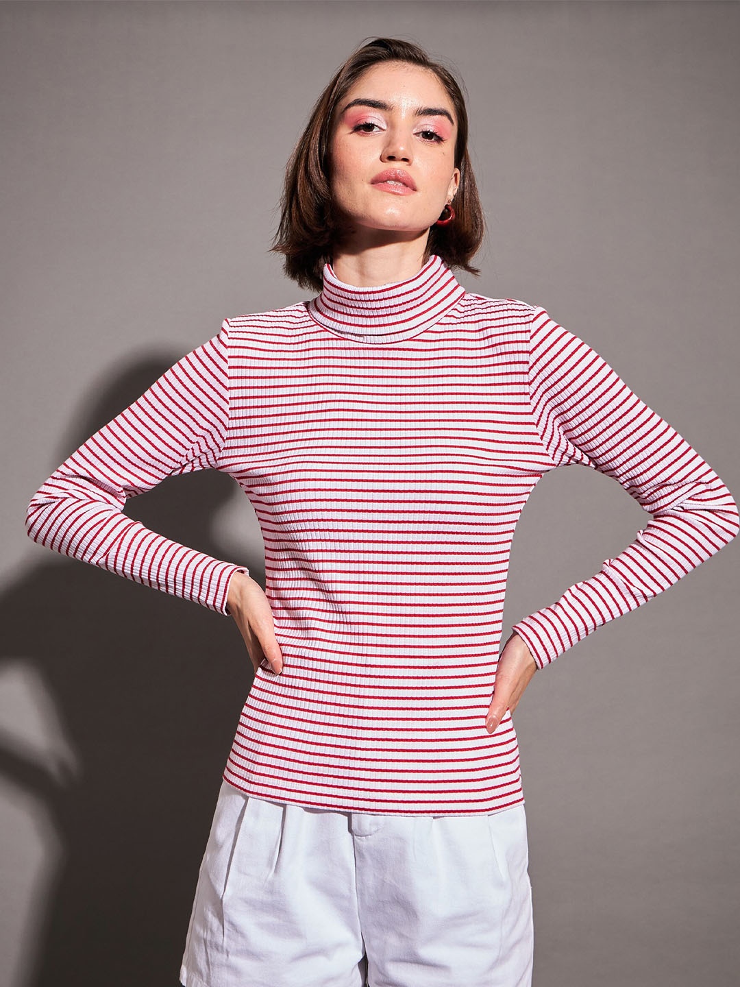 

SASSAFRAS Horizontal Striped High Neck Top, Red