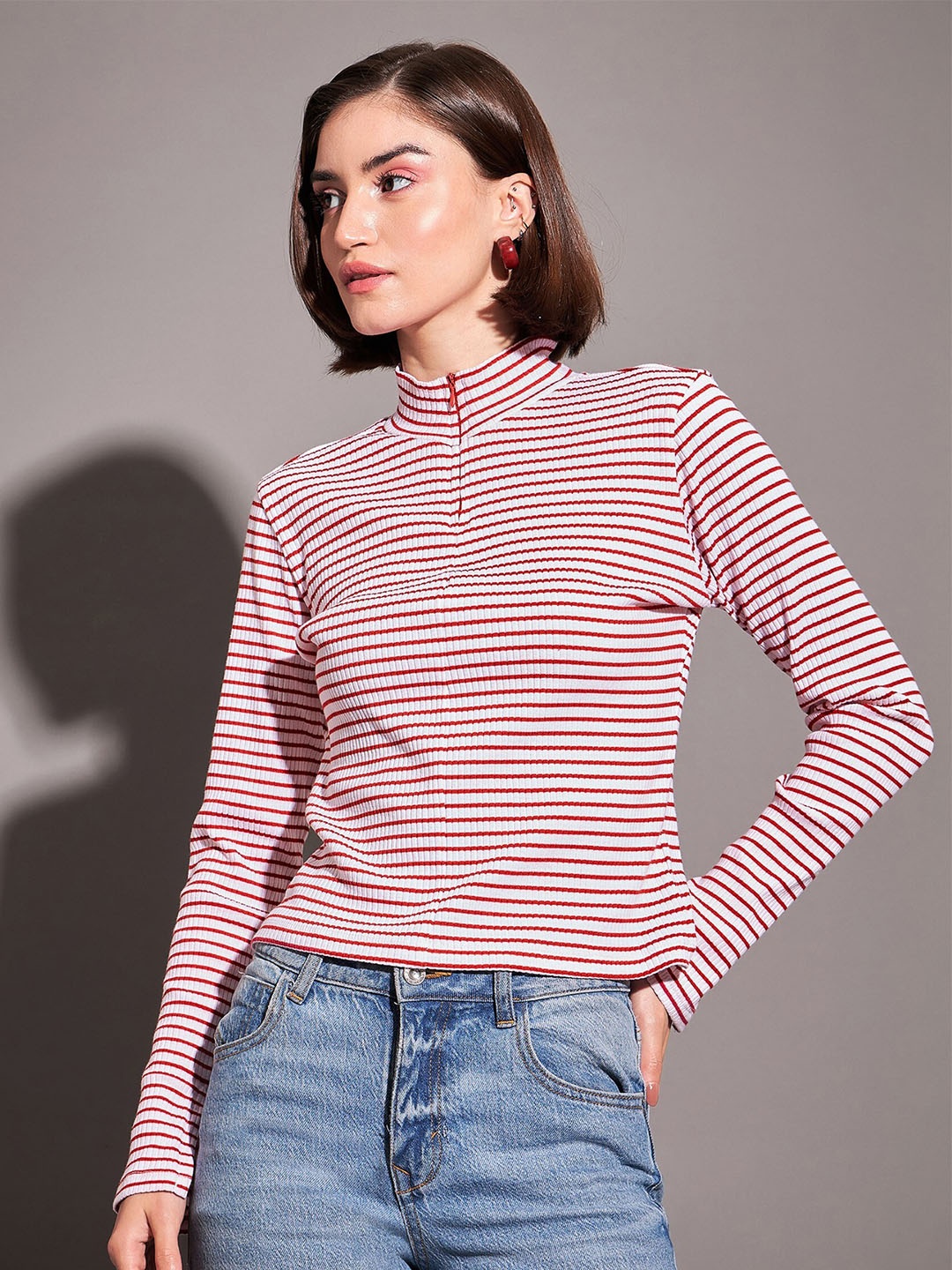 

SASSAFRAS Horizontal Striped High Neck Front Zipper Top, Red