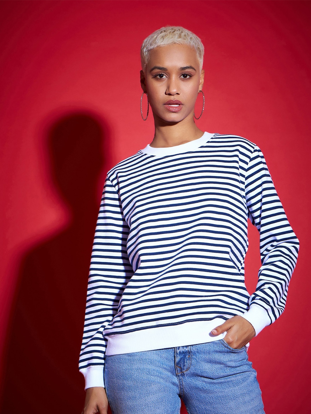 

SASSAFRAS Navy Blue Striped Cotton Pullover Sweatshirt