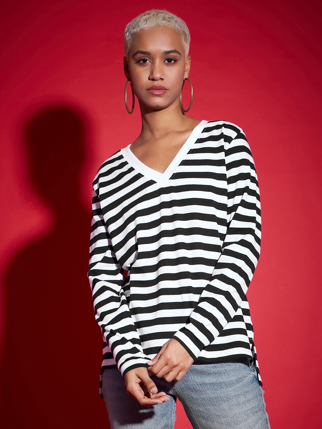 

SASSAFRAS Black Striped V-Neck Long Sleeves Pure Cotton Pullover Sweatshirt