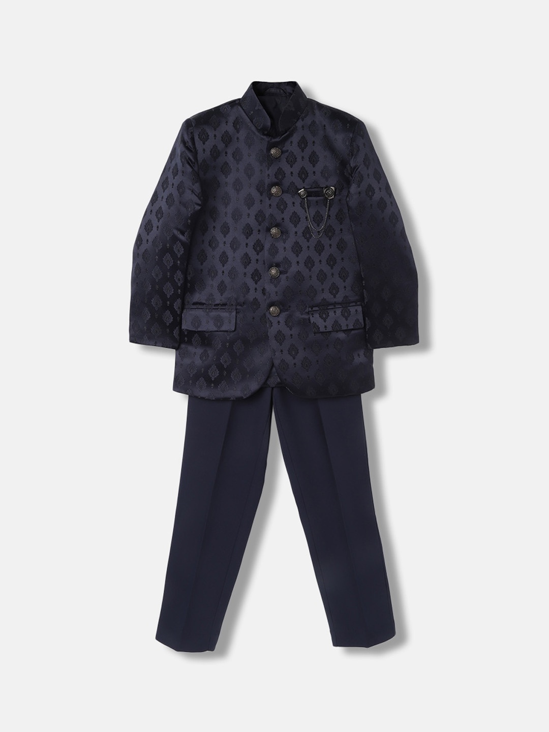 

Blue Giraffe Boys Ethnic Motifs Self Design 2-Pcs Bandhgala Suit, Navy blue