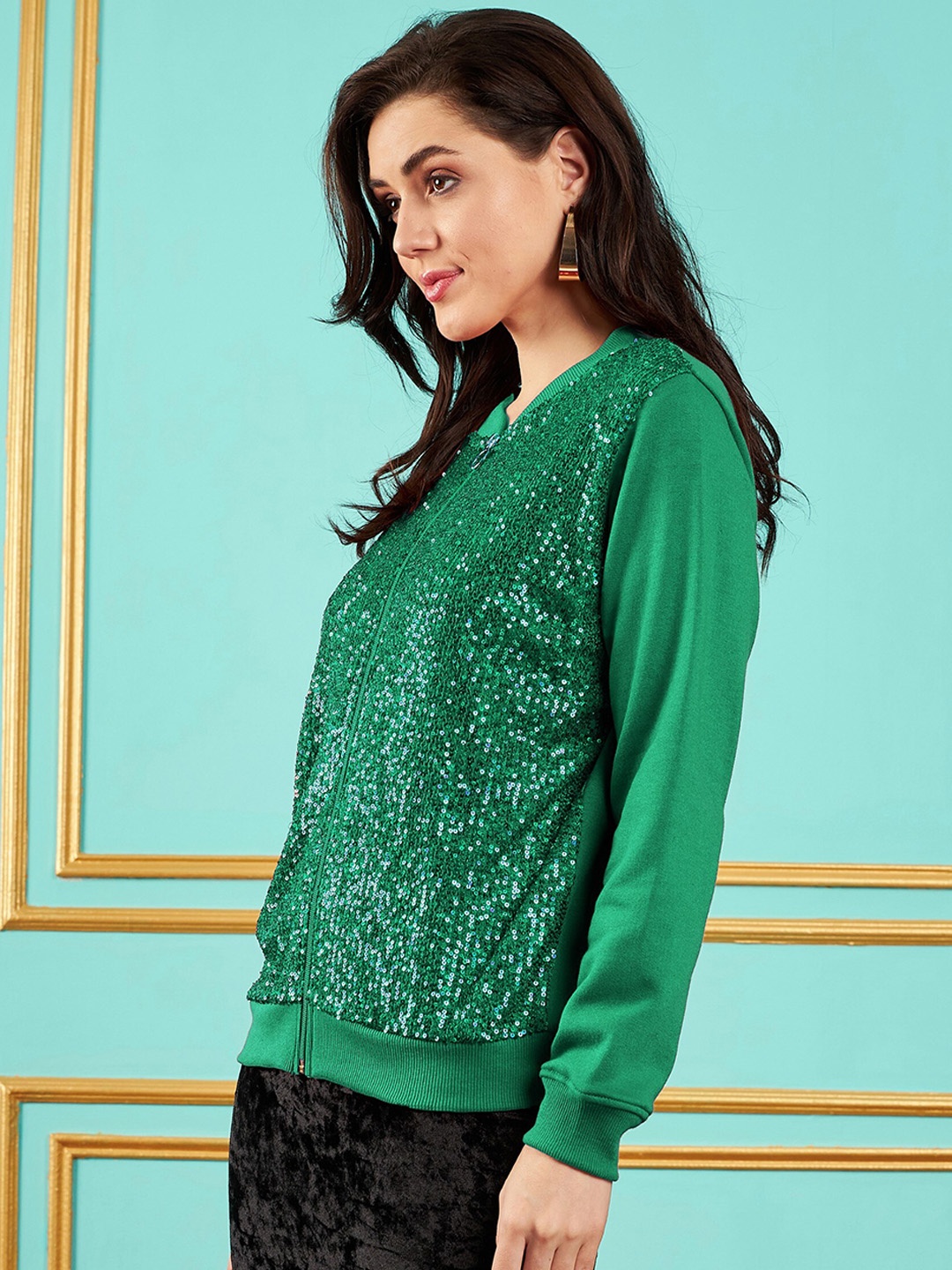 

SASSAFRAS Green Self Design Mock Collar Sequined Detail Bomber Jacket