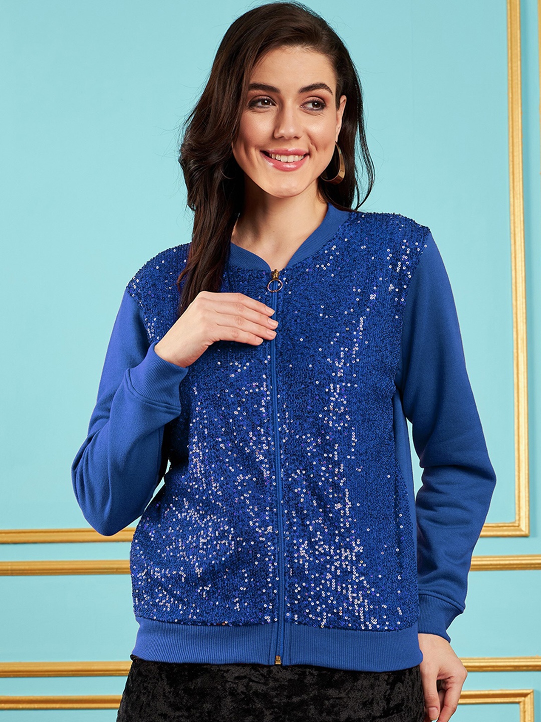 

SASSAFRAS Blue Self Design Mock Collar Sequined Detail Bomber Jacket