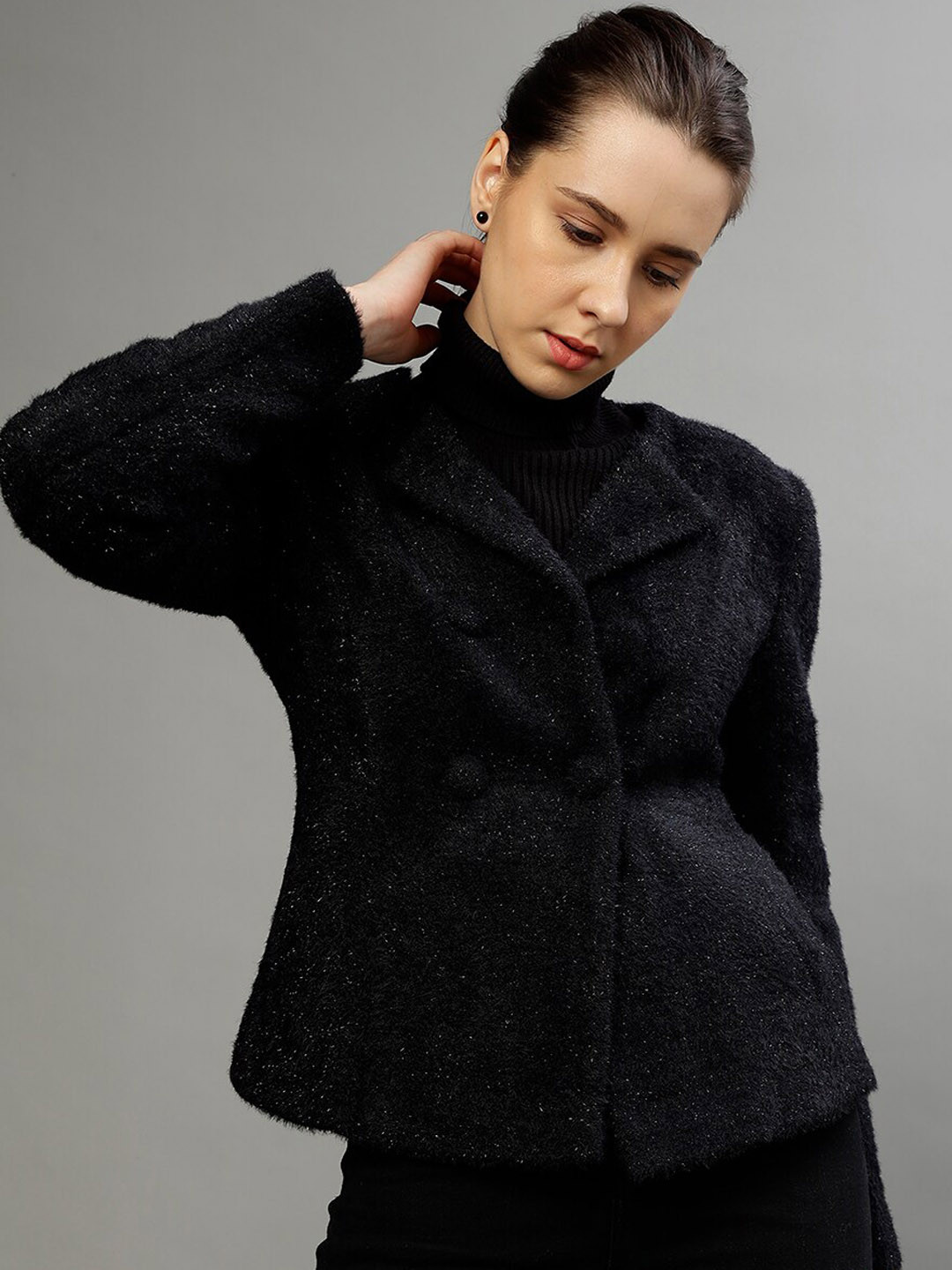

CENTRESTAGE Self Design Lapel Collar Long Sleeves Tailored Jacket, Black