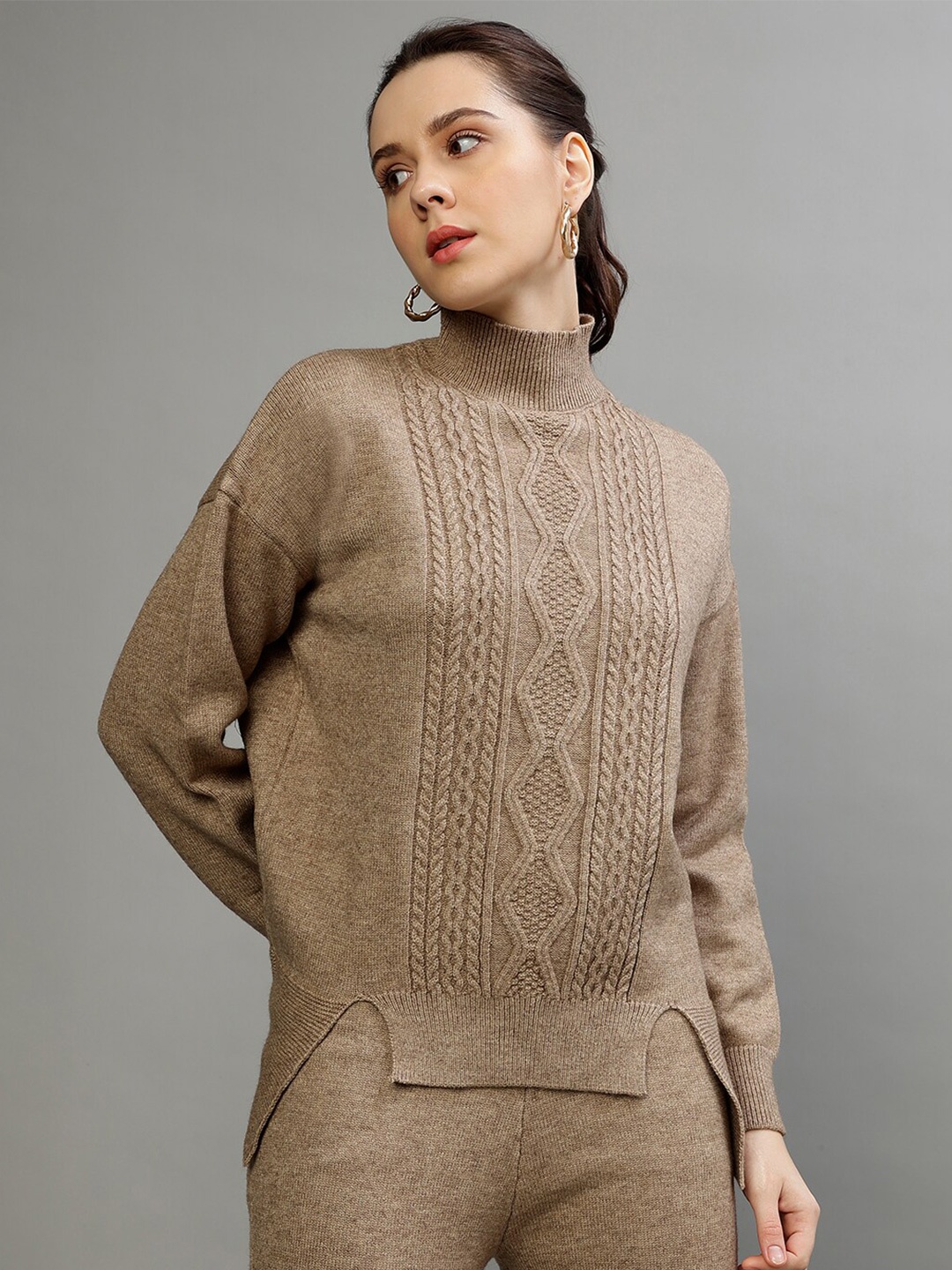 

CENTRESTAGE Cable Knit Self Designed High Neck Pullover, Brown
