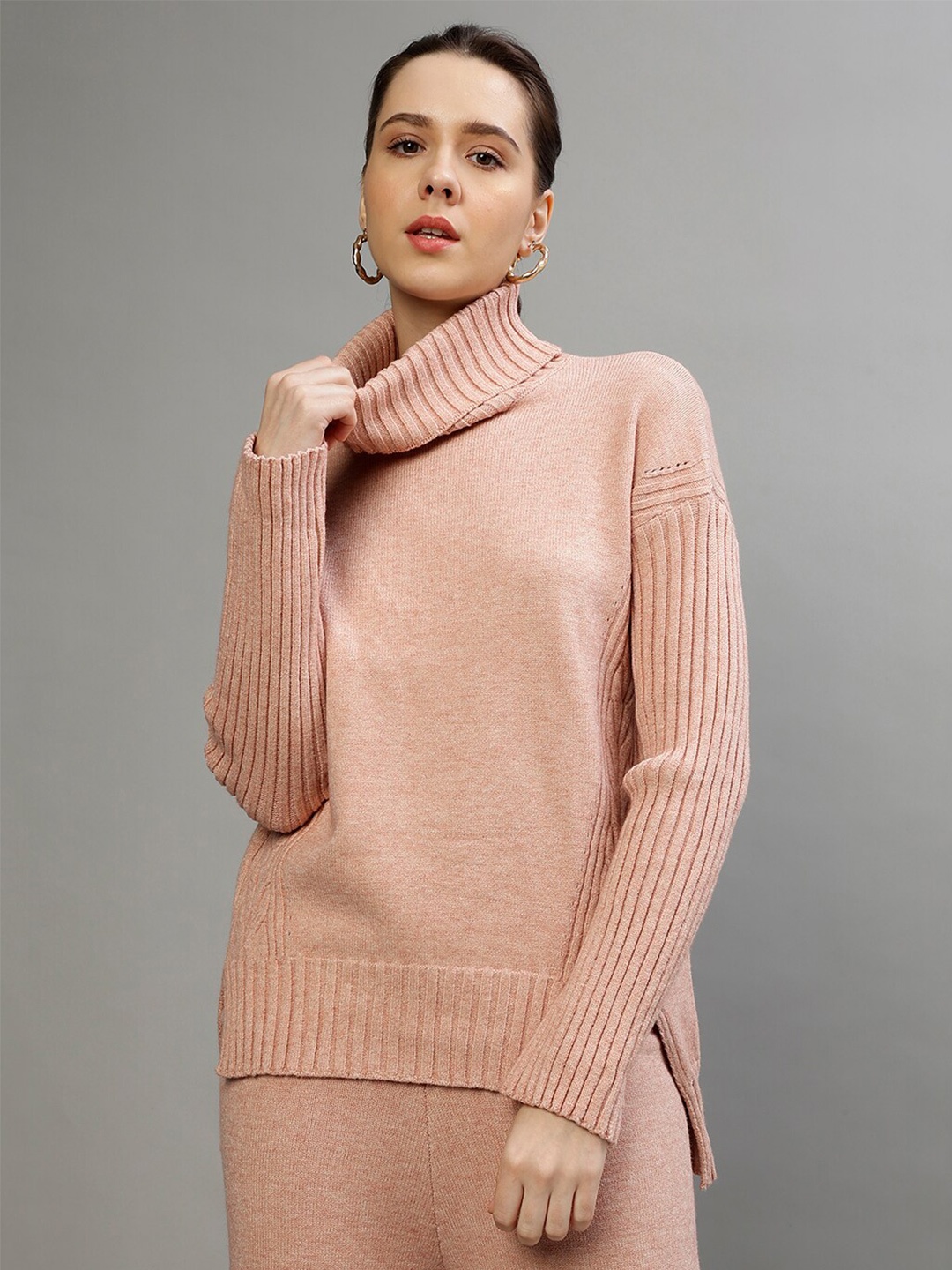 

CENTRESTAGE Cable Knit Self Designed Turtle Neck Pullover, Peach