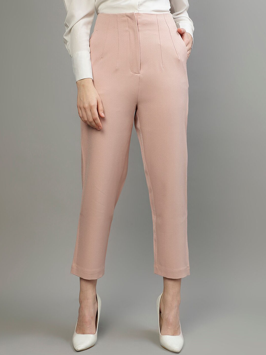 

CENTRESTAGE Women Slim Fit Pleated Cropped Trousers, Peach