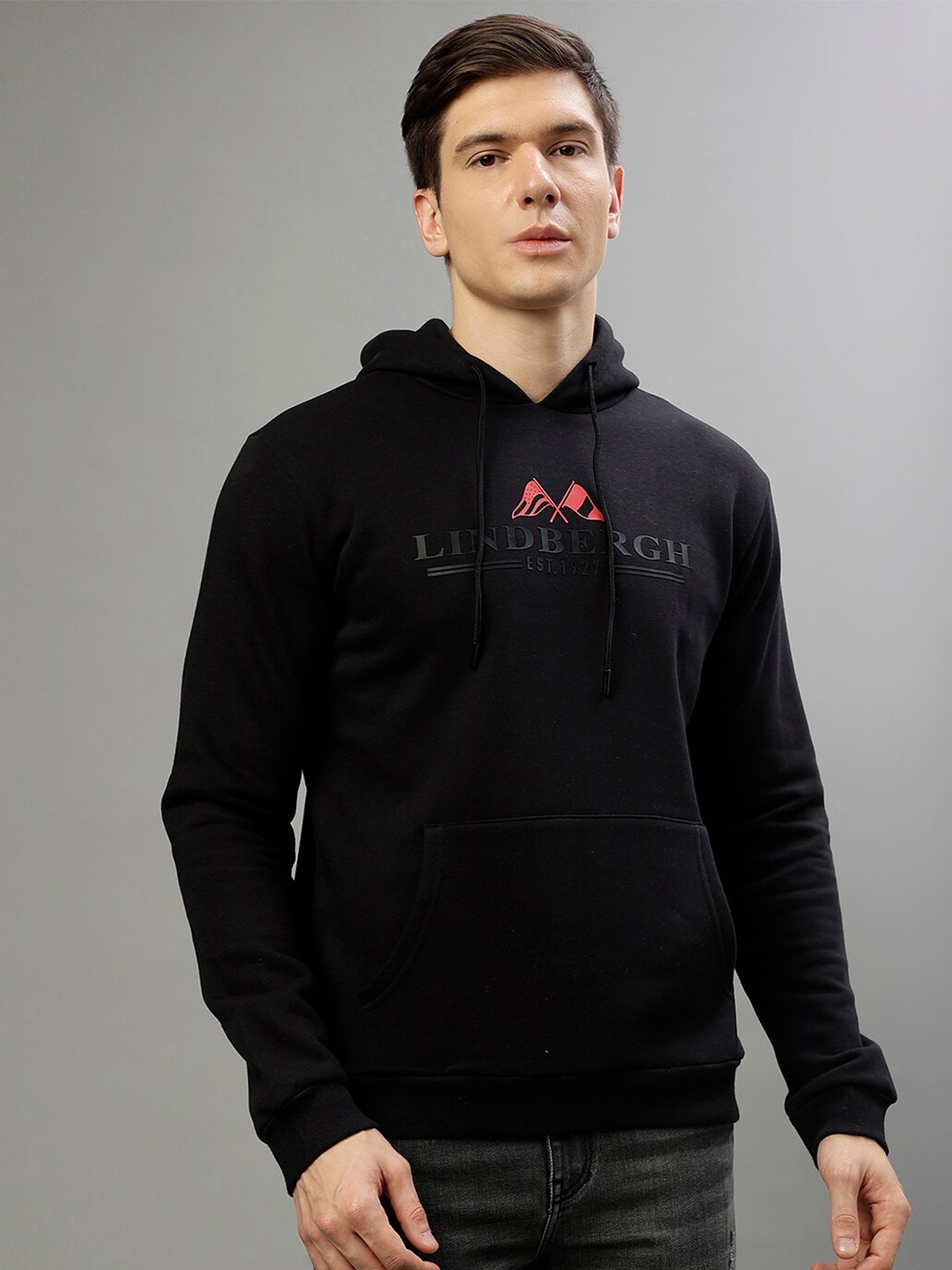 

LINDBERGH Typography Printed Hooded Pullover Sweatshirt, Black