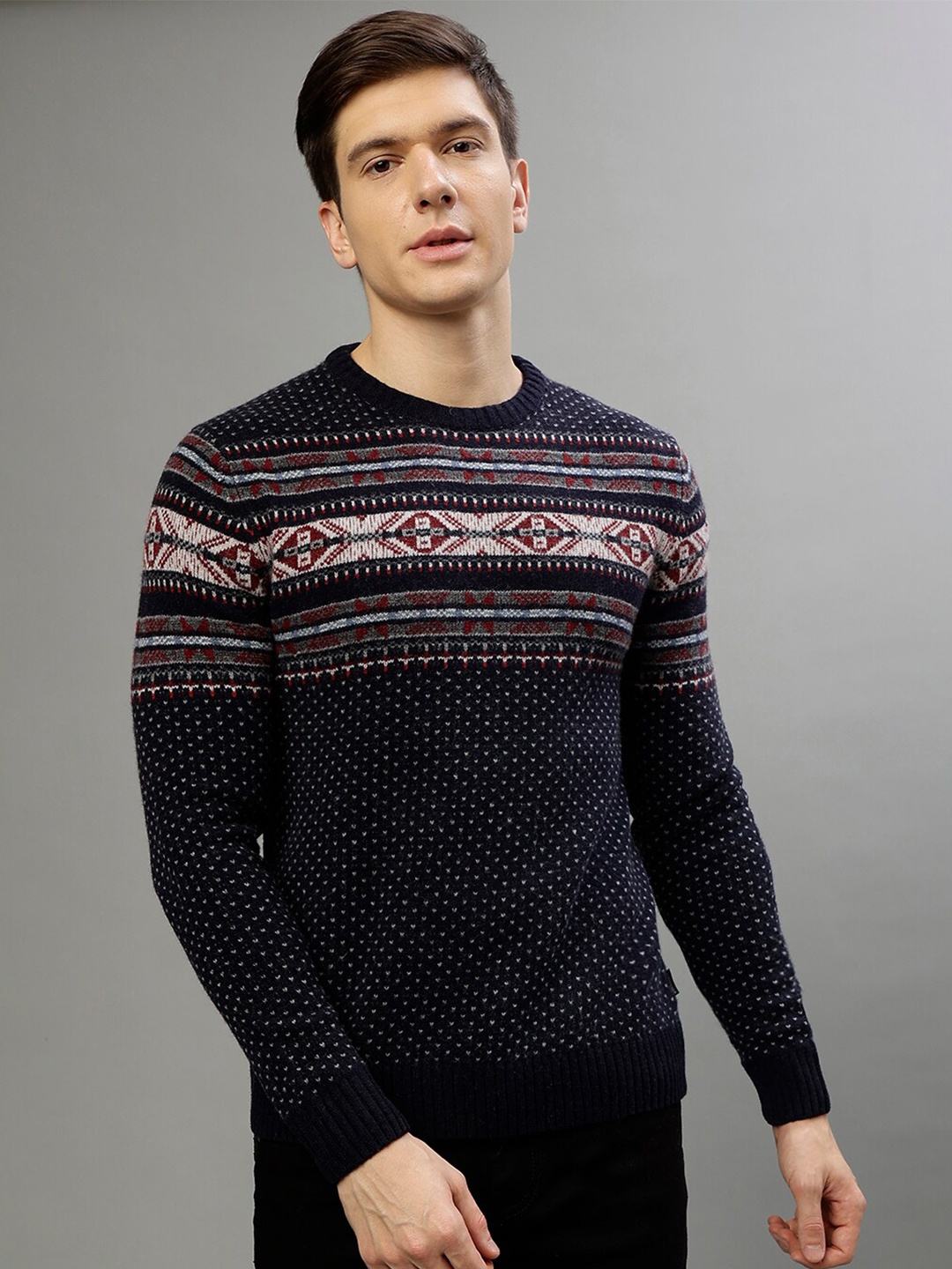 

LINDBERGH Fair Isle Printed Round Neck Pullover Sweater, Navy blue