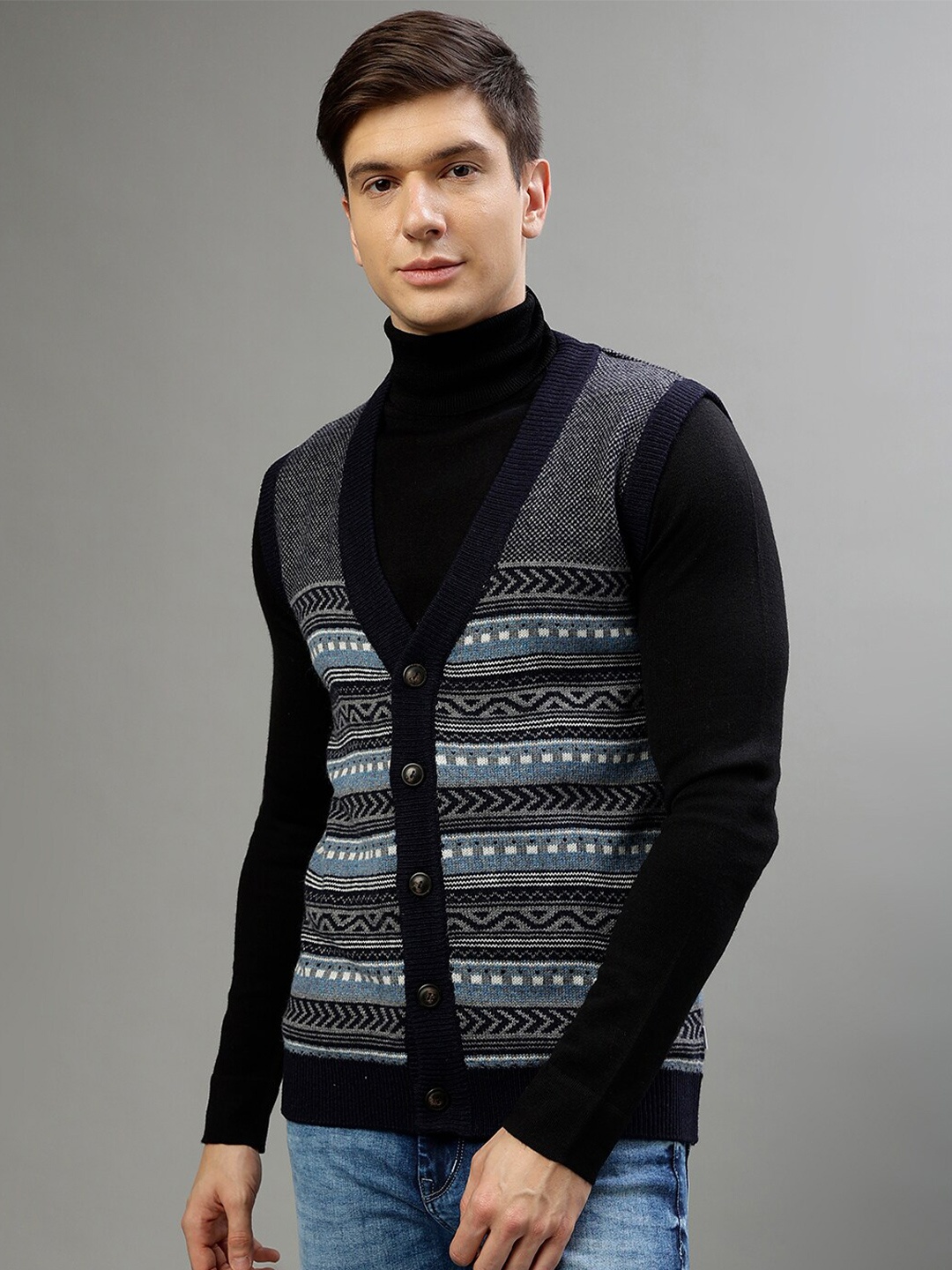 

LINDBERGH Fair Isle Printed V-Neck Sleeveless Cardigan Sweater, Navy blue