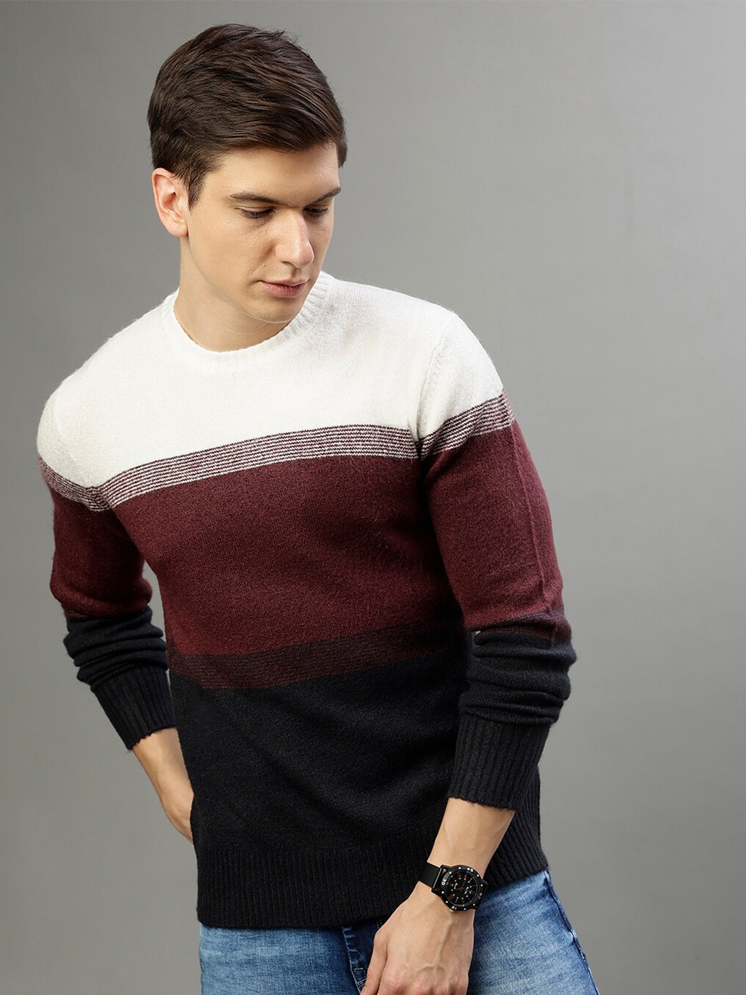 

LINDBERGH Colourblocked Round Neck Pullover Sweater, Maroon