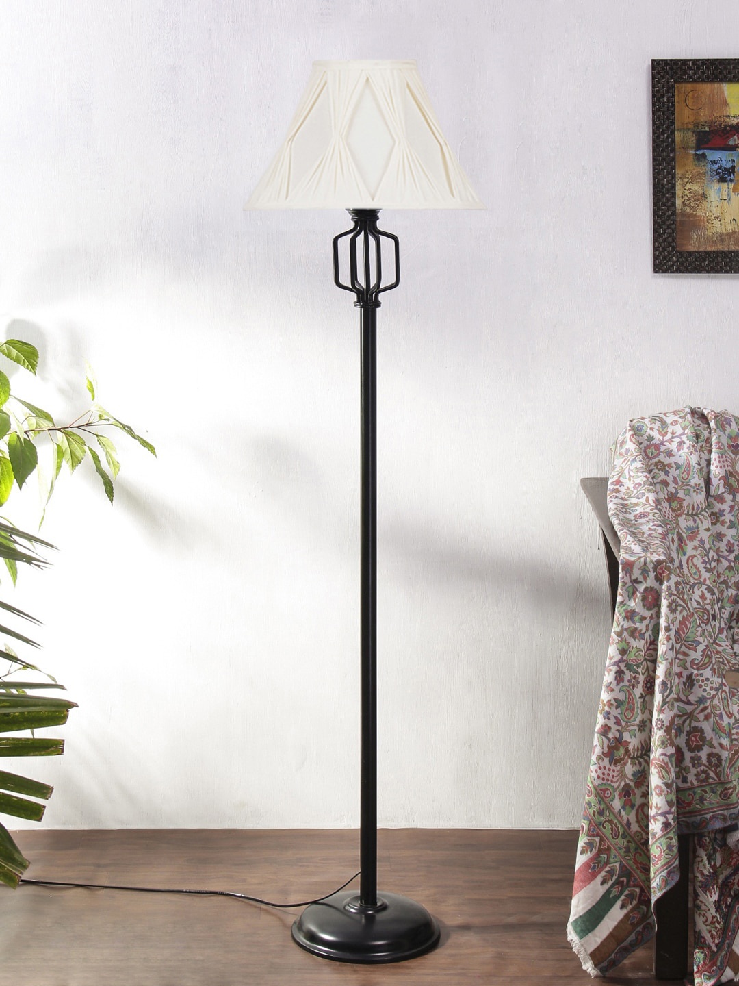 Devansh White & Black Frustum Shape Cotton Curtain Pleated Shade Floor Lamp