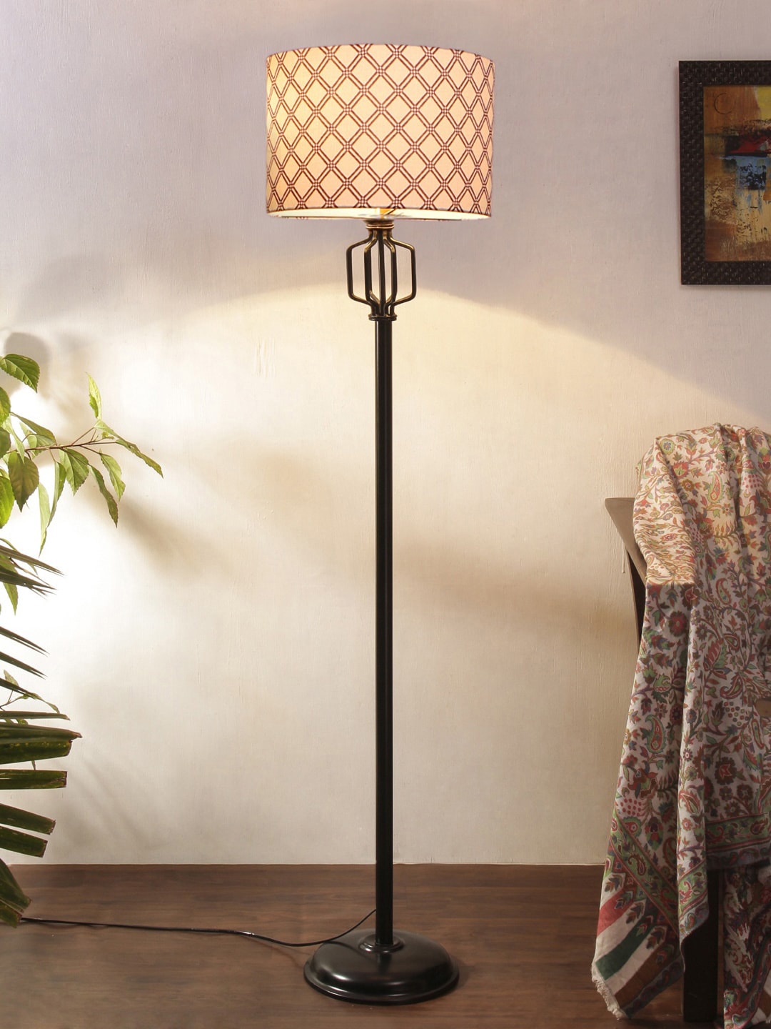 

Devansh White & Purple Printed Cotton Drum Iron Floor Lamp