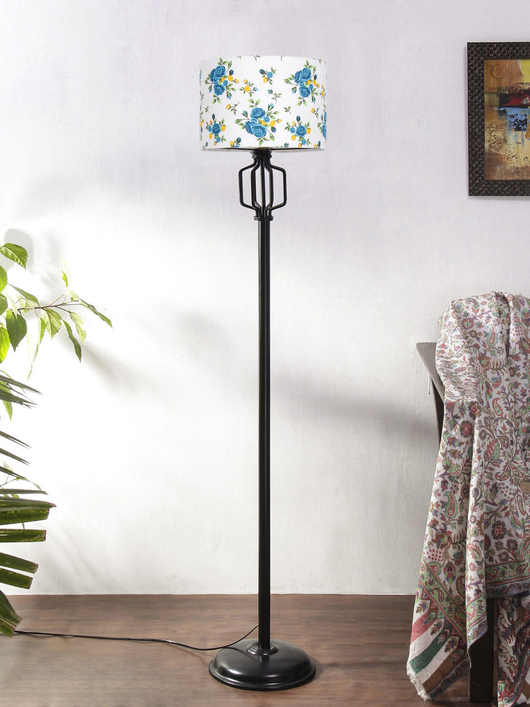 

Devansh White & Blue Printed Cylinder Shape Cotton Shade Floor Lamp