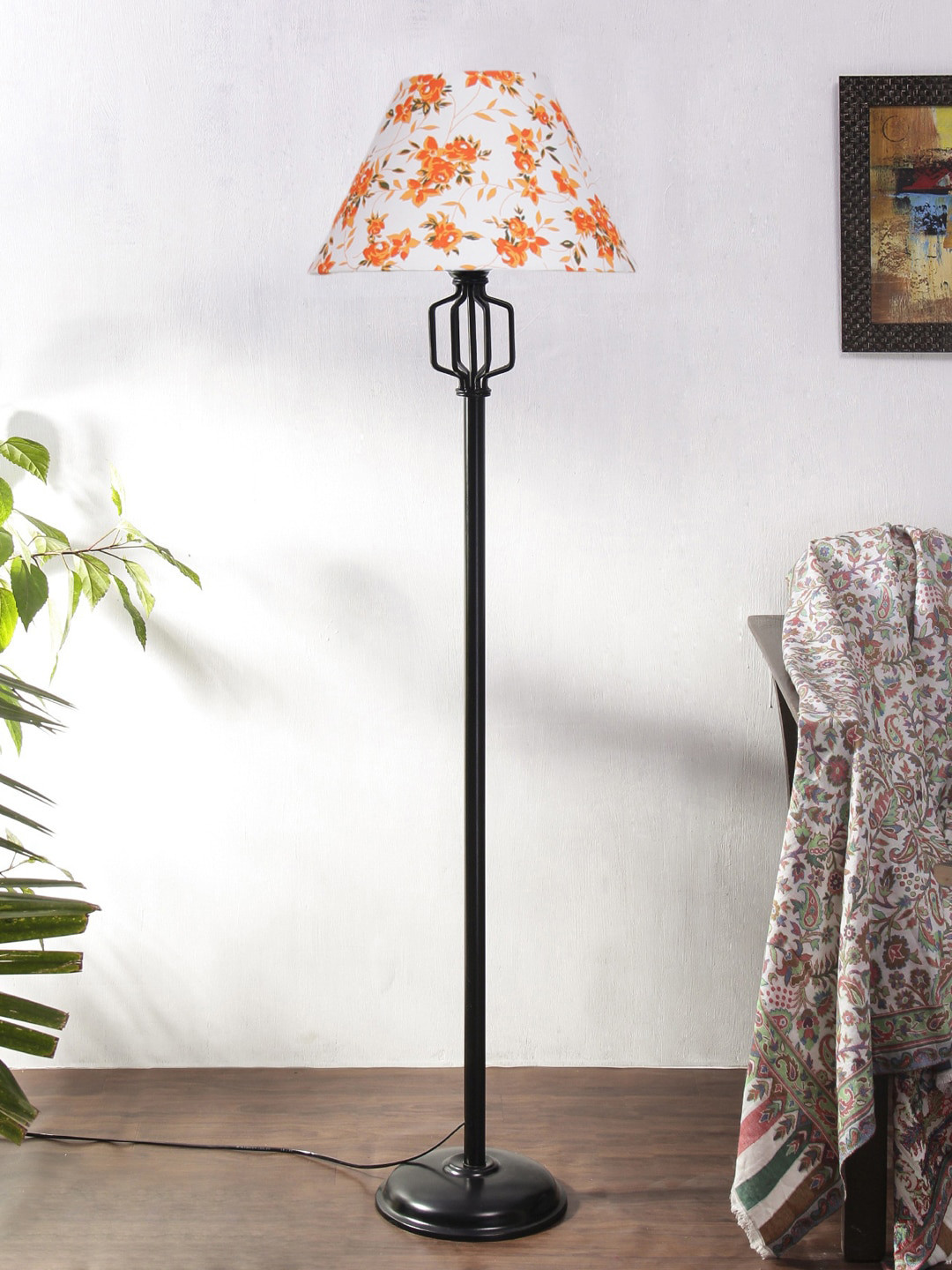 

Devansh White & Orange-Coloured Printed Cotton Conical Iron Floor Lamp