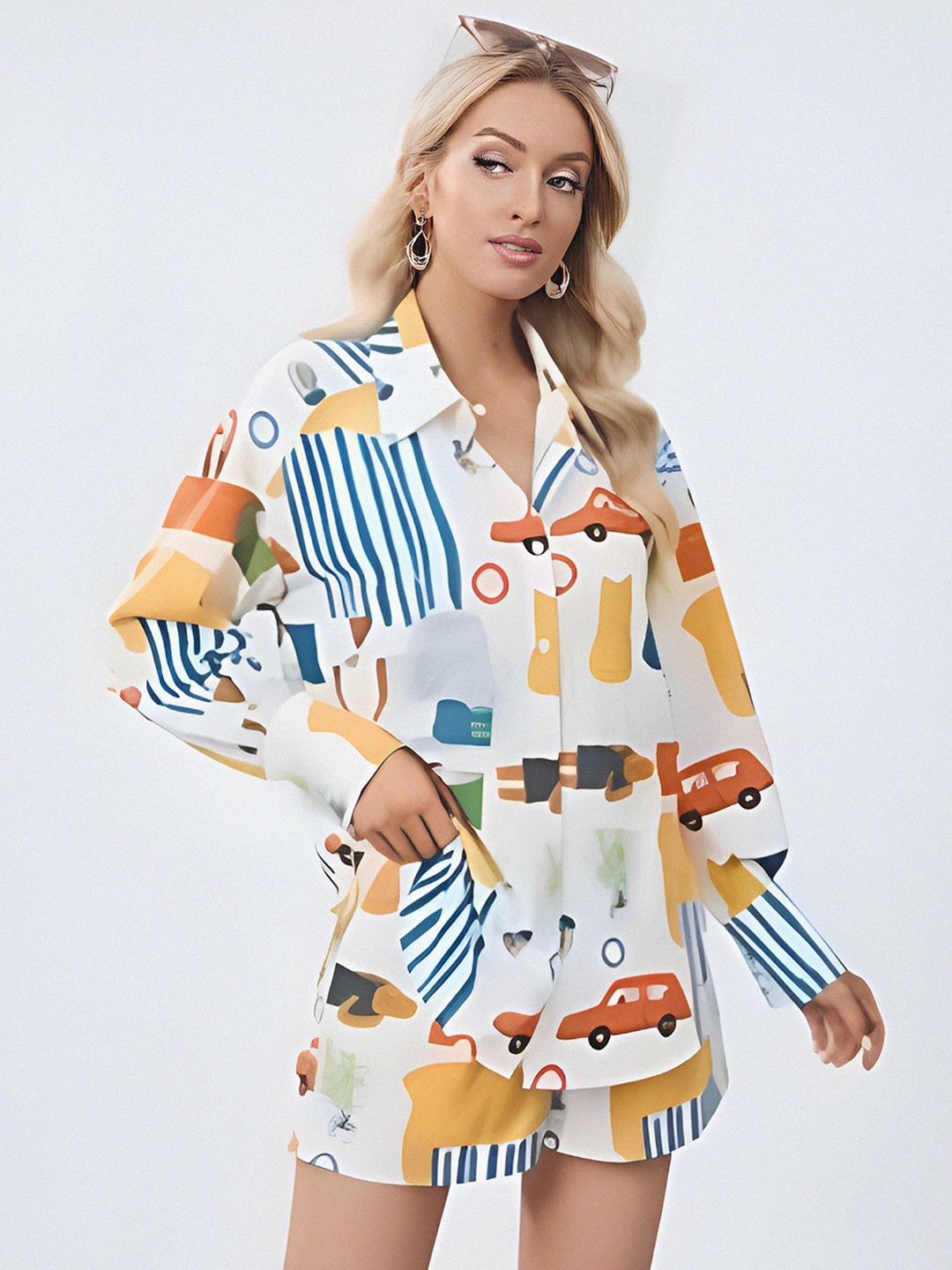 

KALINI Conversational Printed Relaxed Fit Shirt With Shorts, White
